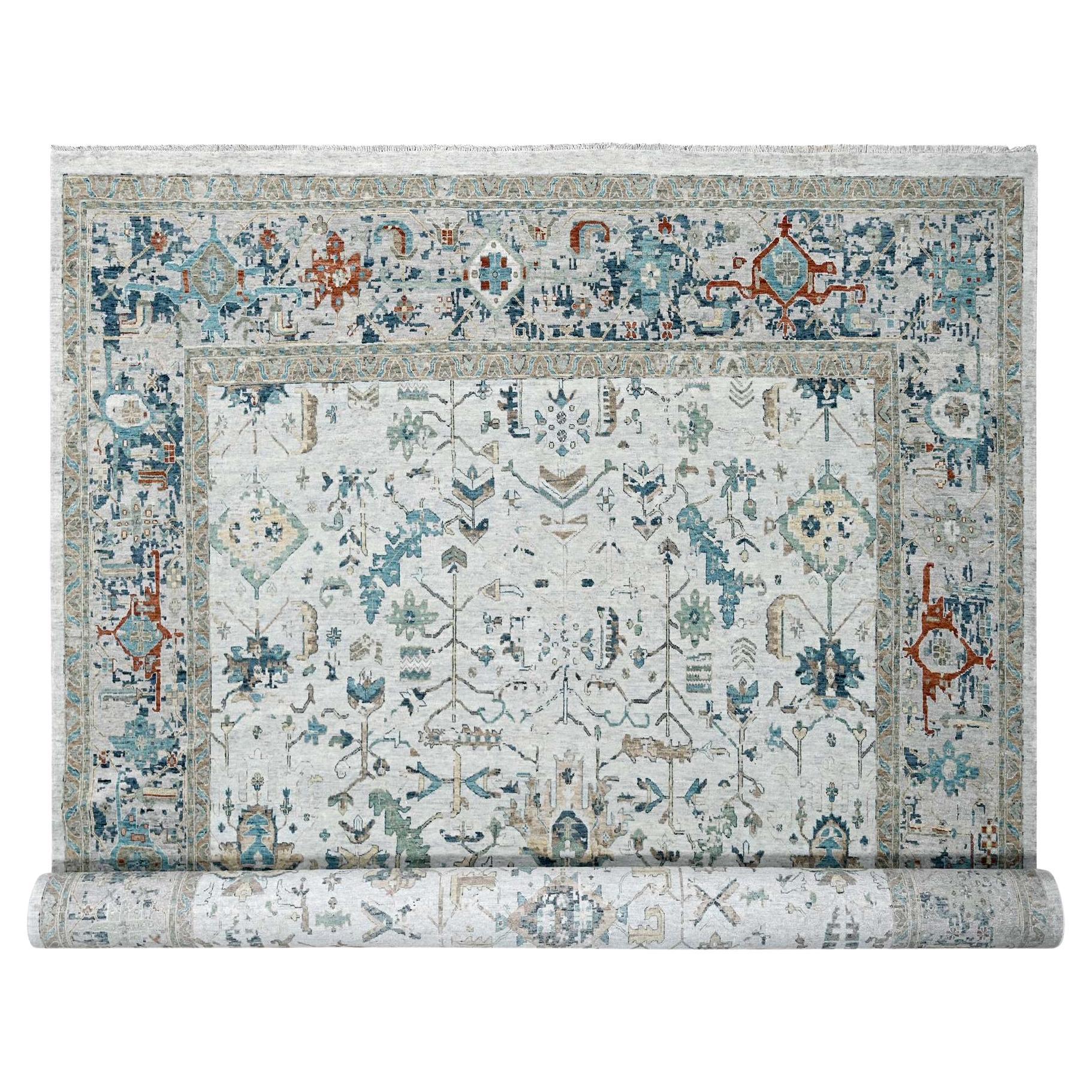 11'10"x15' Gray Broken Erased Persian Heriz Design Wool Hand Knotted Rug For Sale