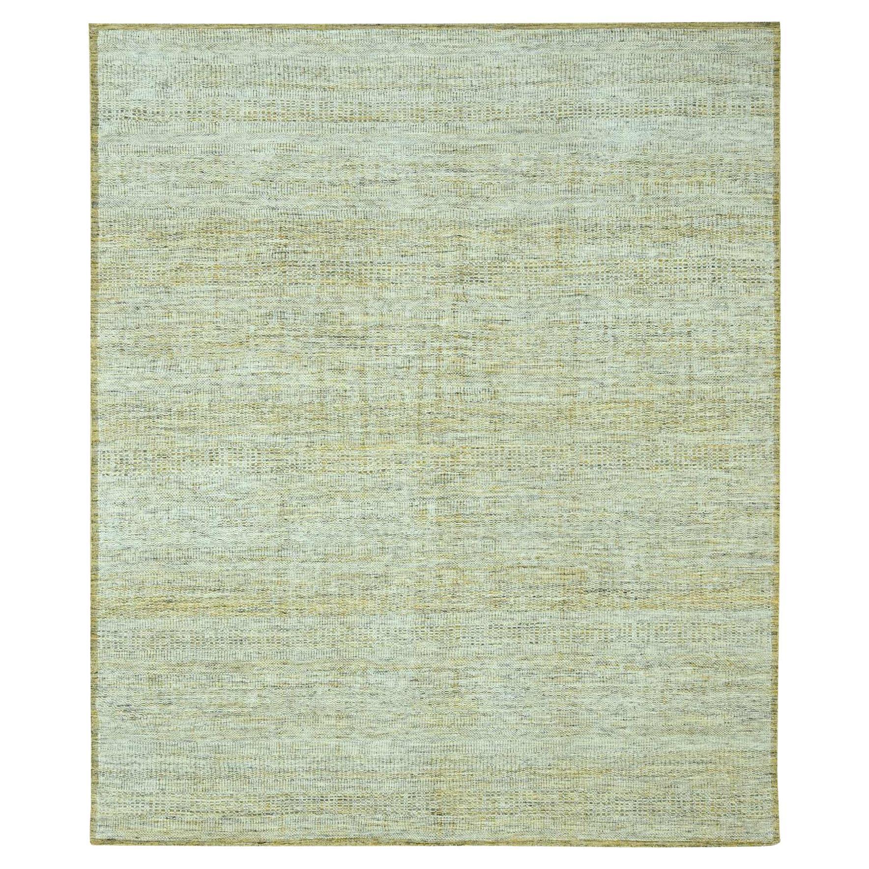11'10"x15' Yellow Oxidized and Distressed Grass Design Hand Knotted Wool Rug