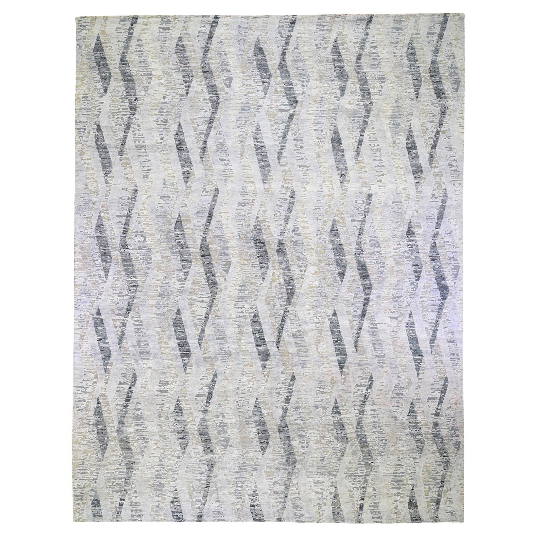 11'10"x15'2" DIMENSIONAL CURTAINS Gray Oversized Silk With Textured Wool Rug
