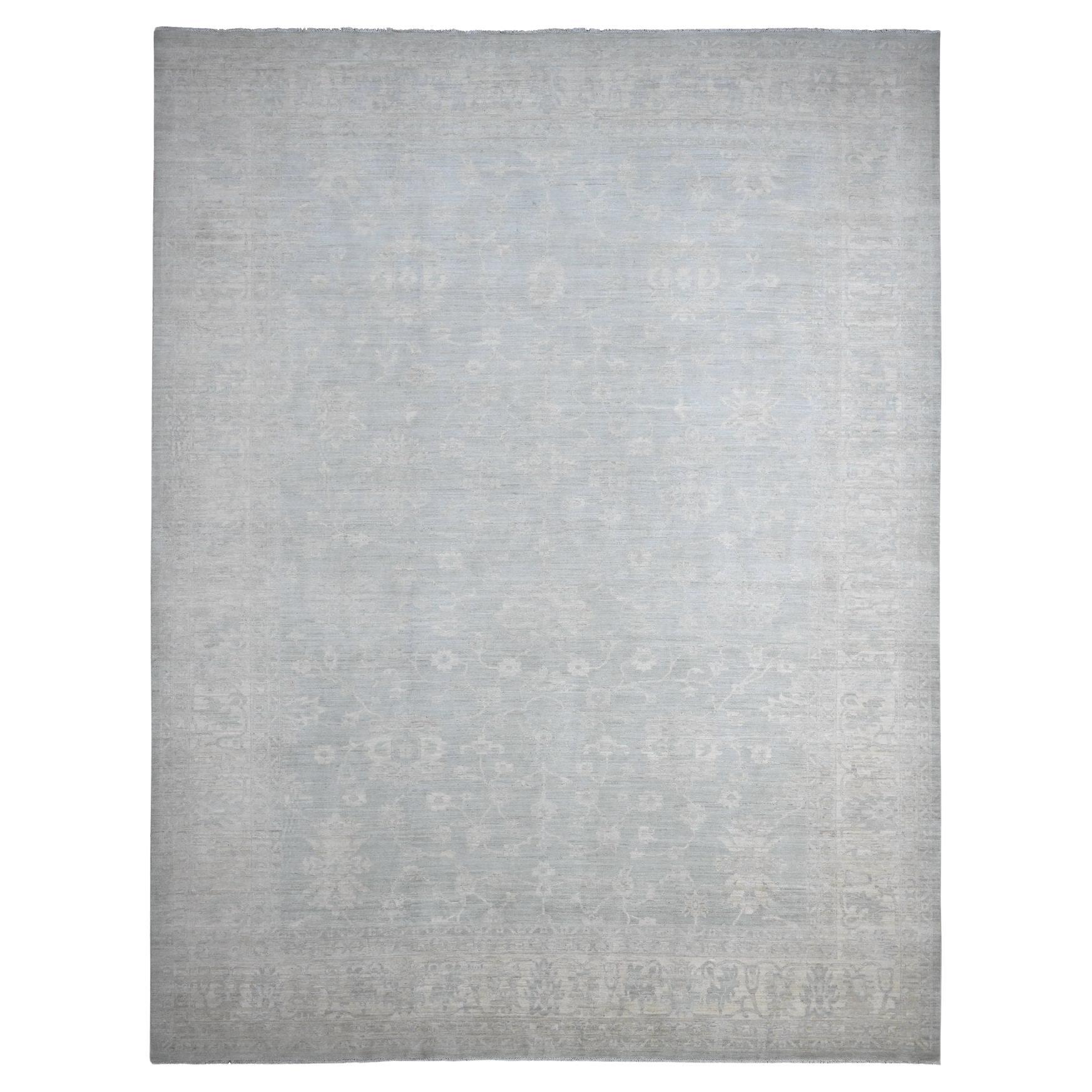 11'10 "x15'3" Gray White Wash Peshawar All Over Leaf Design Tapis en laine noué à la main