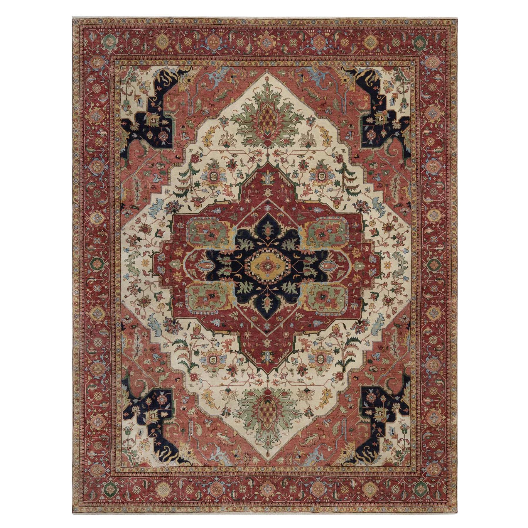 11
10"x15
3" Ivory Hand Knotted Soft Wool Antiqued Fine Heriz Re-Creation XL Rug