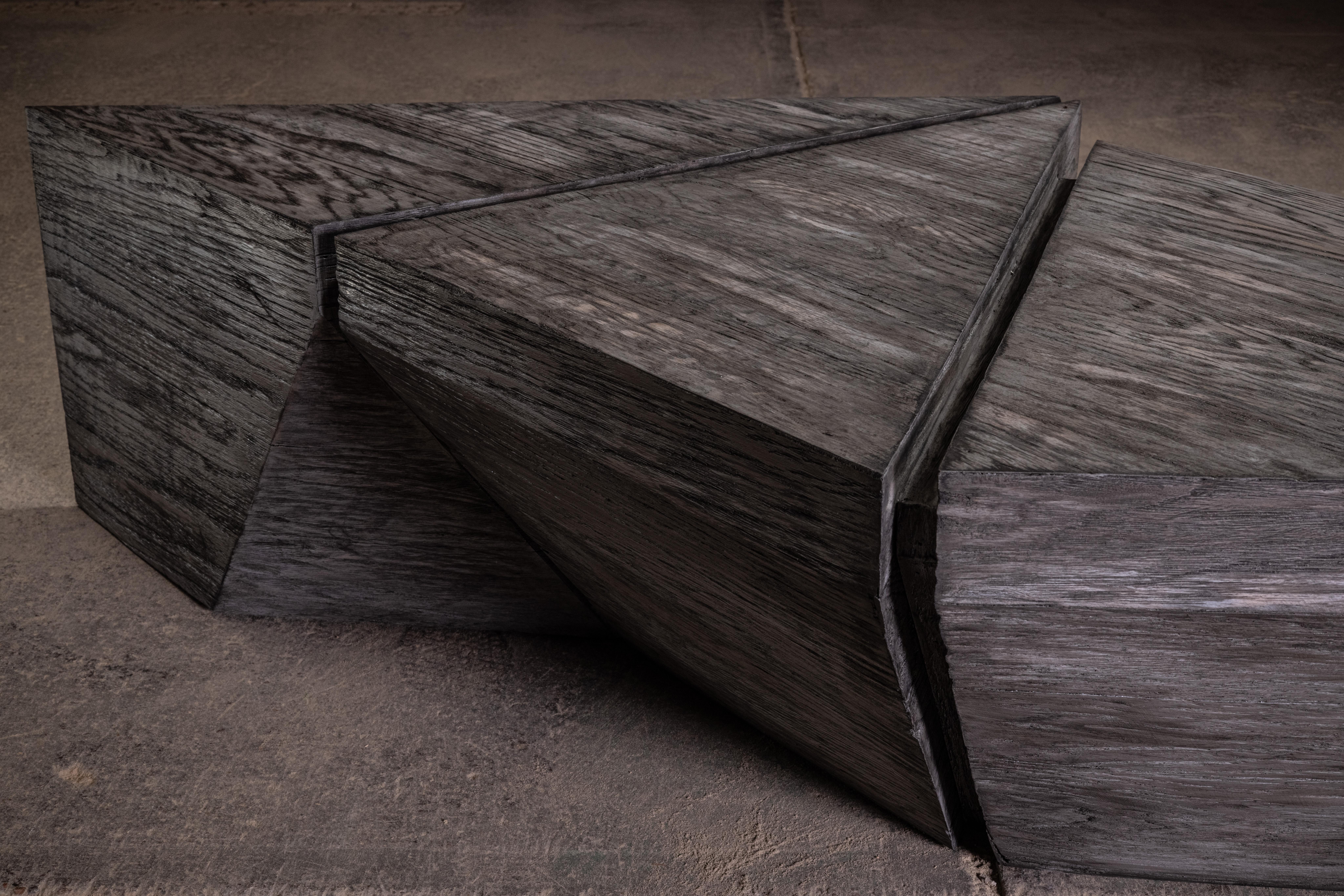 Brutalist 1111 Coffee Table, Geometric Weathered Black Oak Coffee Table For Sale