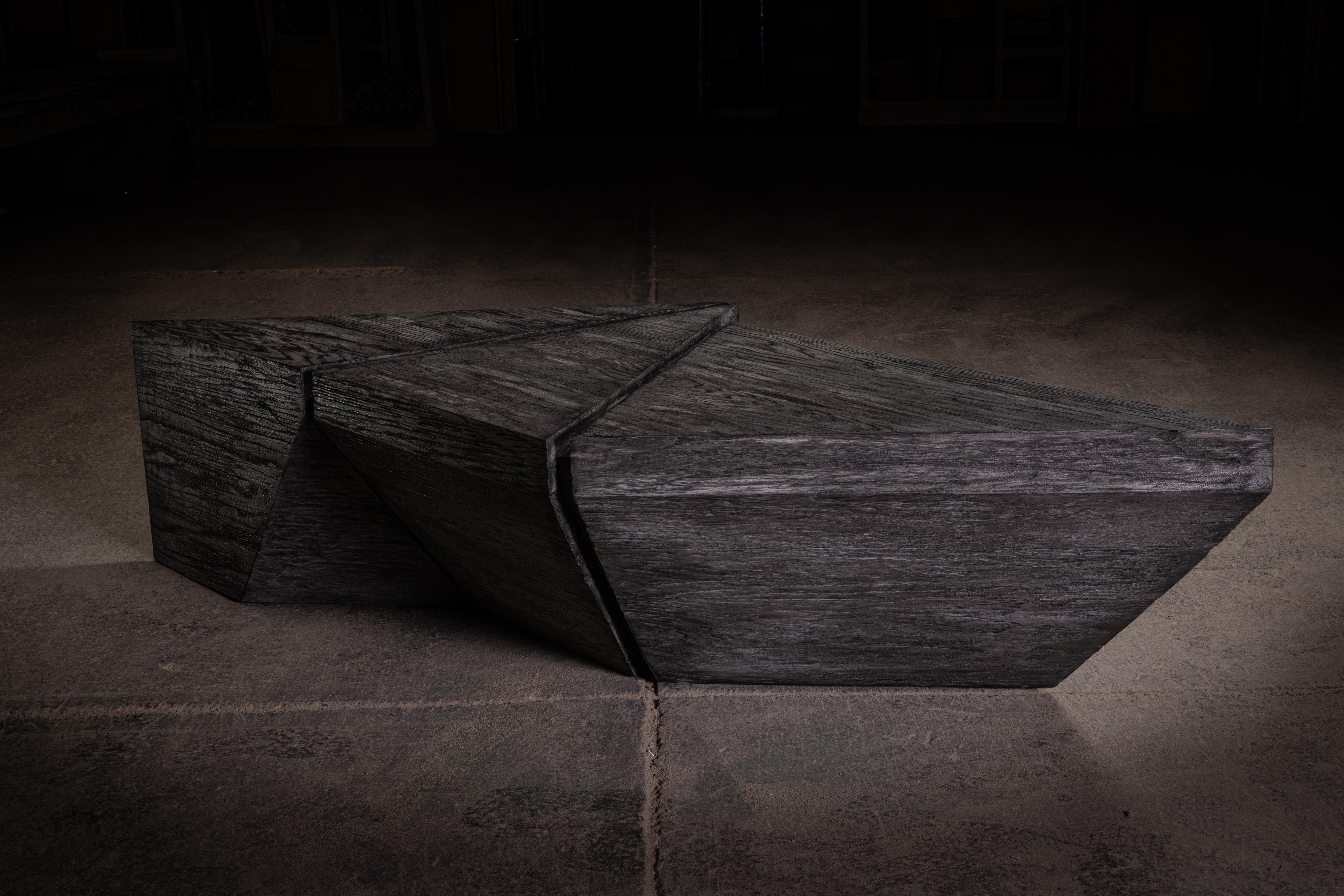 Hand-Carved 1111 Coffee Table, Geometric Weathered Black Oak Coffee Table For Sale
