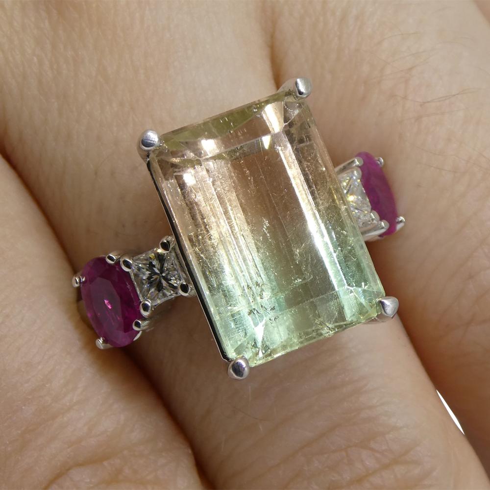 This is a stunning bi-colour Tourmaline Ring, set with ruby and diamonds in a 14k white gold setting. 

This ring is made in Toronto, Canada, and is incredibly fine quality!

Gem Type: Tourmaline
Number of Stones: 1
Weight: 11.11 cts
Measurements: