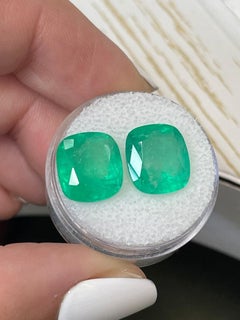 11.11tcw Matching Yellowish Green Colombian Emeralds - Cushion Cut Pair