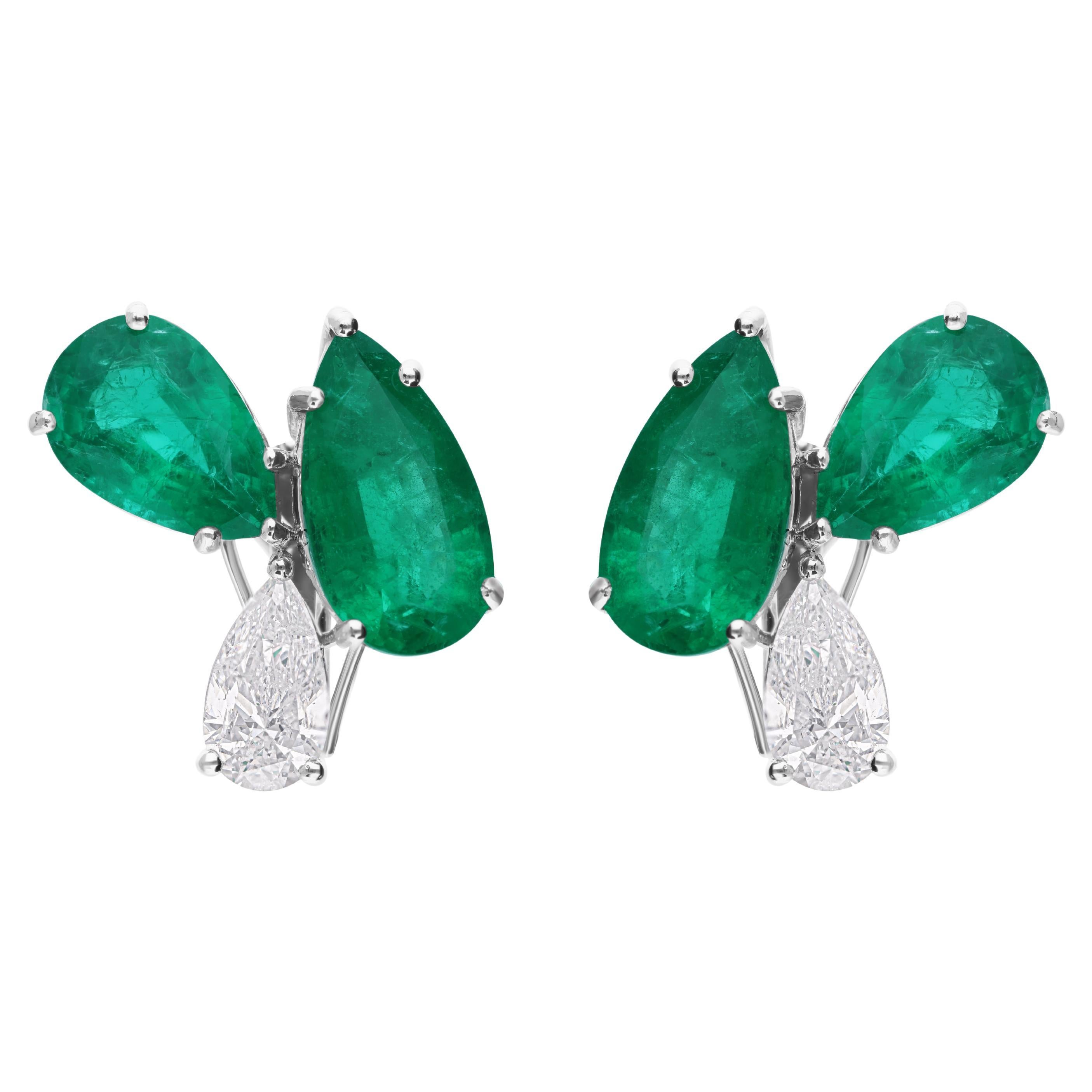 11.12 Carat Pear Zambian Emerald 2 Carat SI/H Diamond Earrings 18k White Gold