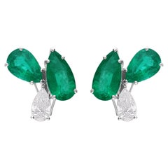11.12 Carat Pear Zambian Emerald 2 Carat SI/H Diamond Earrings 18k White Gold