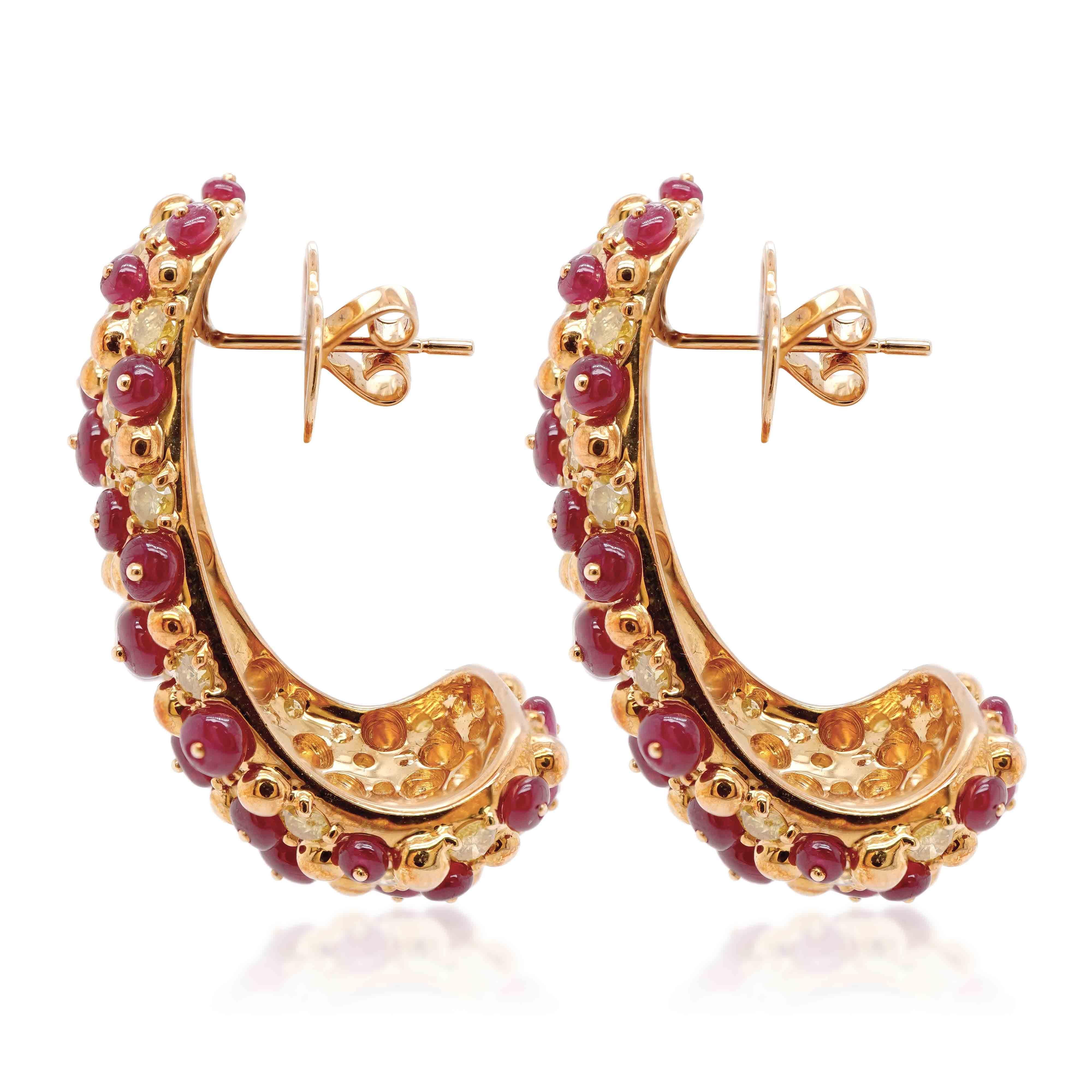 11 carats of vivid red ruby is set in the earring along with 3.81 carats of natural fancy vivid yellow round brilliant diamonds. The earring is a great combination of gemstones and fancy color diamond. A must wear for red carpet events 
