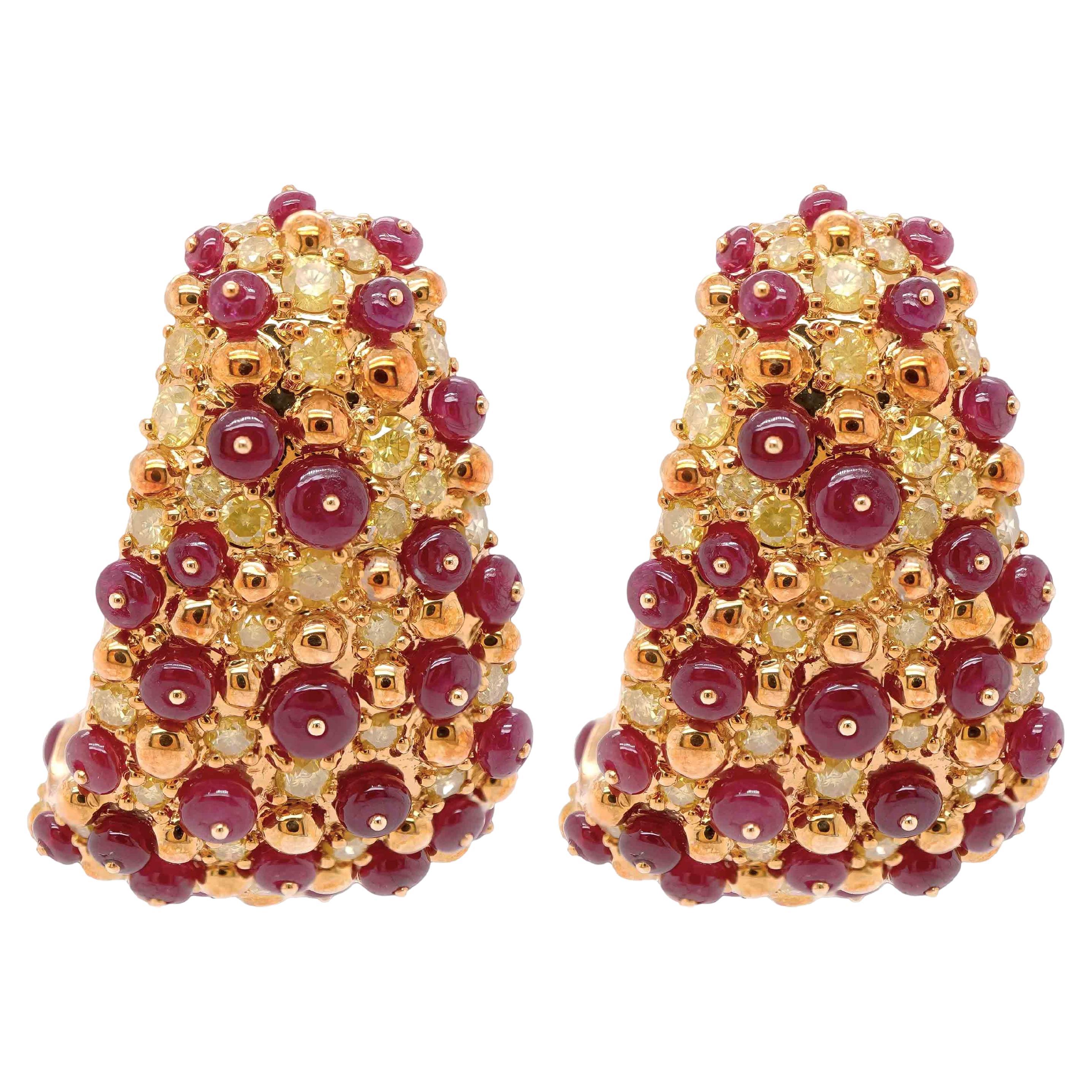 11.12 Carat Vivid Red Ruby with 3.81 Carat Fancy Vivid Yellow Designer Earring For Sale