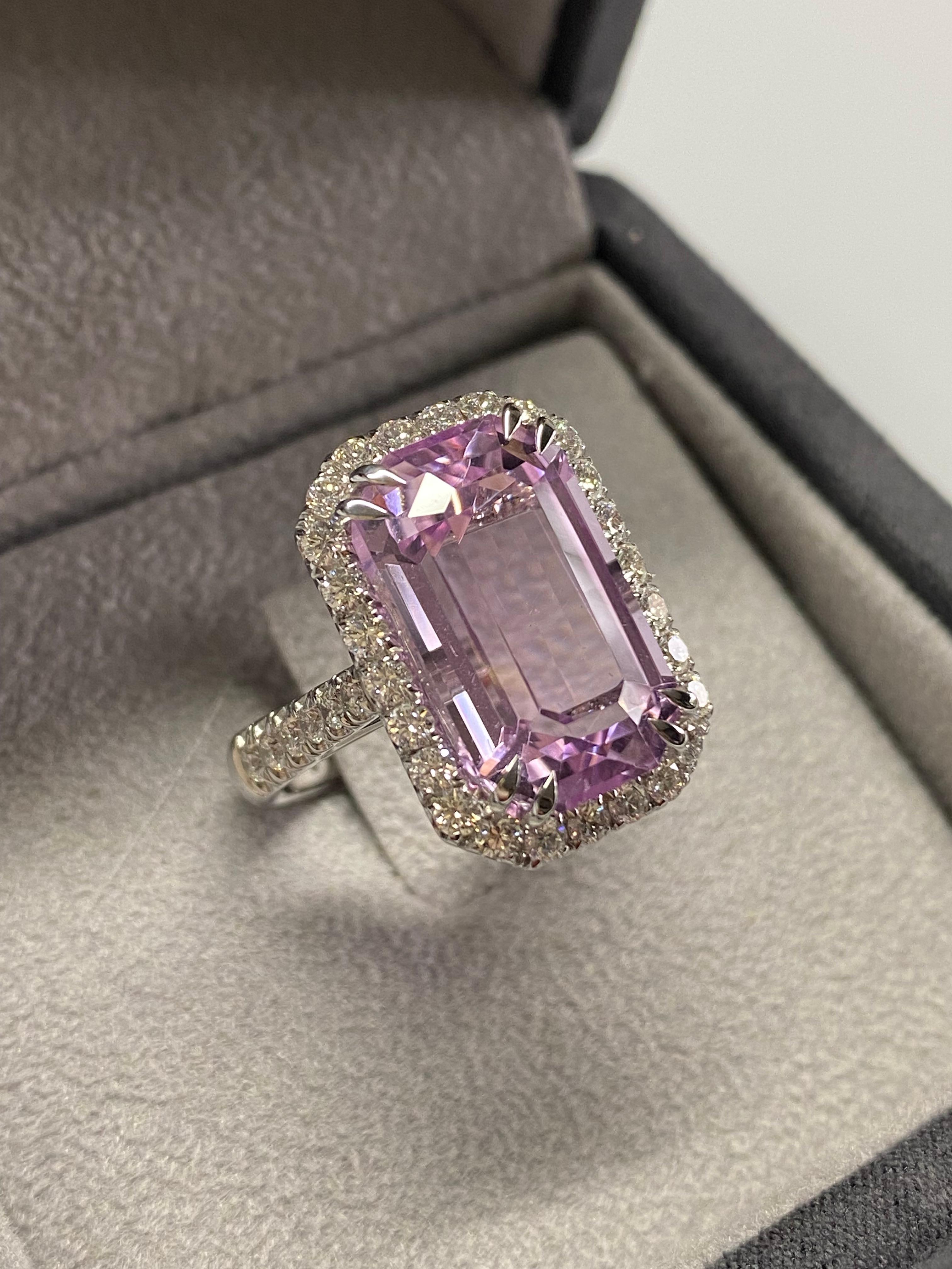 Octagon Cut Kunzite Natural Diamonds 18KT White Gold Ring For Sale