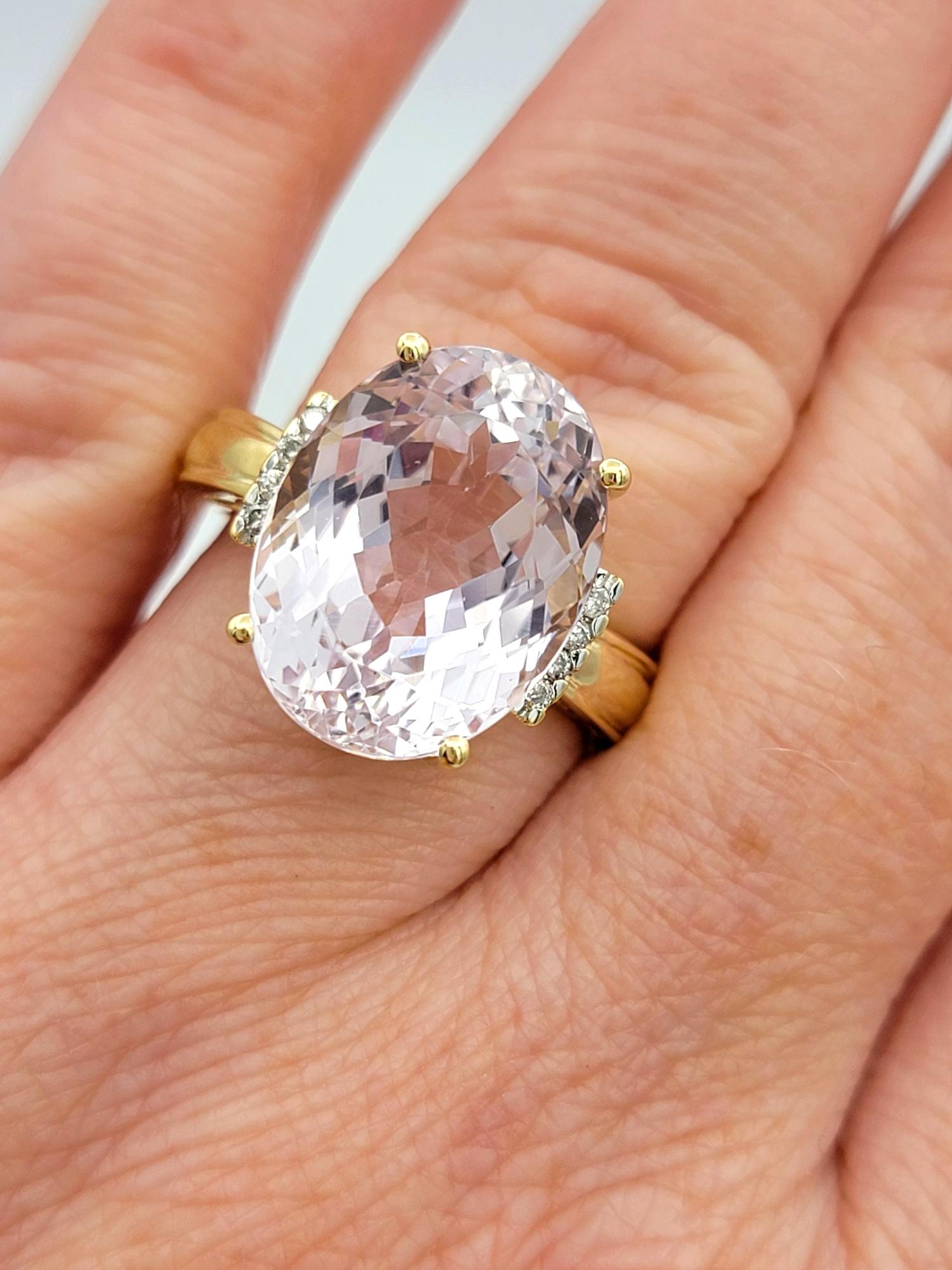 11.13 Carat Oval Cut Kunzite Cocktail Ring with Diamonds in 14 Karat Yellow Gold For Sale 6