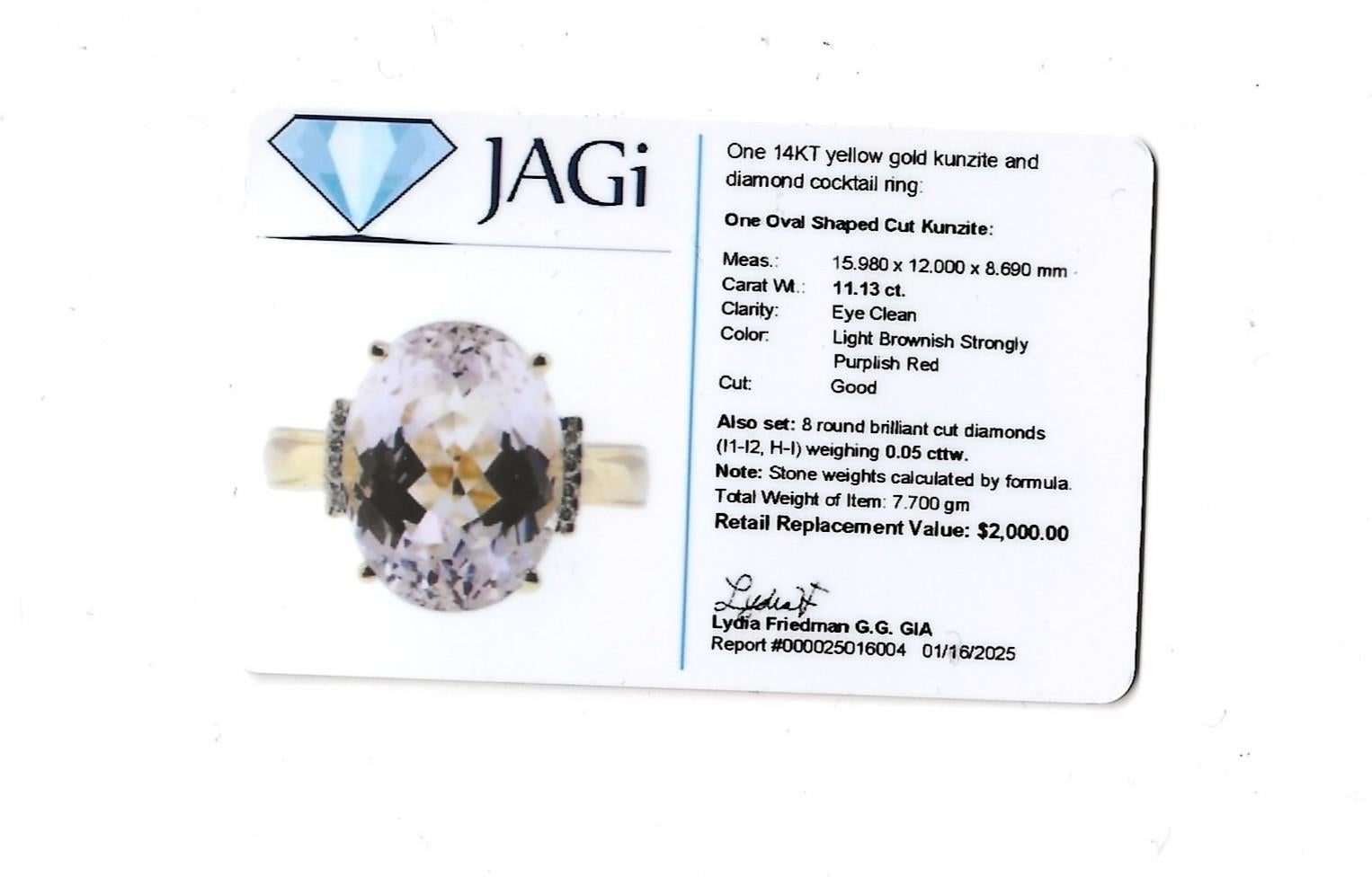 11.13 Carat Oval Cut Kunzite Cocktail Ring with Diamonds in 14 Karat Yellow Gold For Sale 9