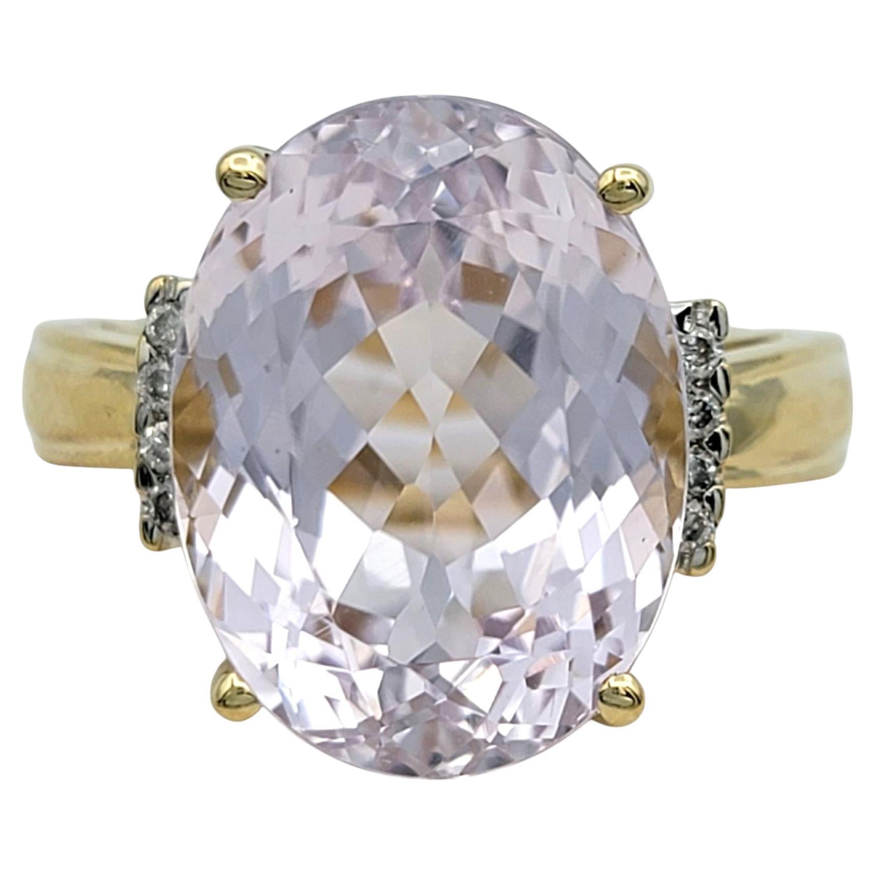 Ring Size: 8

This dazzling cocktail ring radiates soft sophistication with its impressive oval-cut kunzite centerpiece. At an impressive 11.13 carats, the kunzite displays a light purple hue that shimmers with elegance. Set in gleaming 14 karat