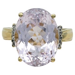 11.13 Carat Oval Cut Kunzite Cocktail Ring with Diamonds in 14 Karat Yellow Gold