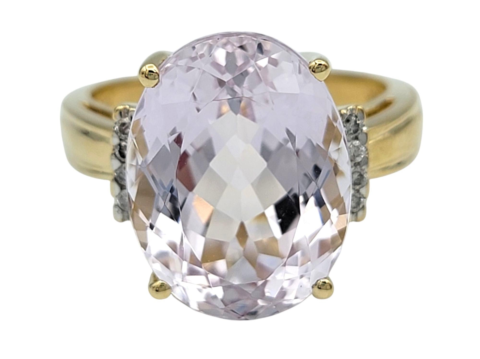 Contemporary 11.13 Carat Oval Cut Kunzite Cocktail Ring with Diamonds in 14 Karat Yellow Gold For Sale
