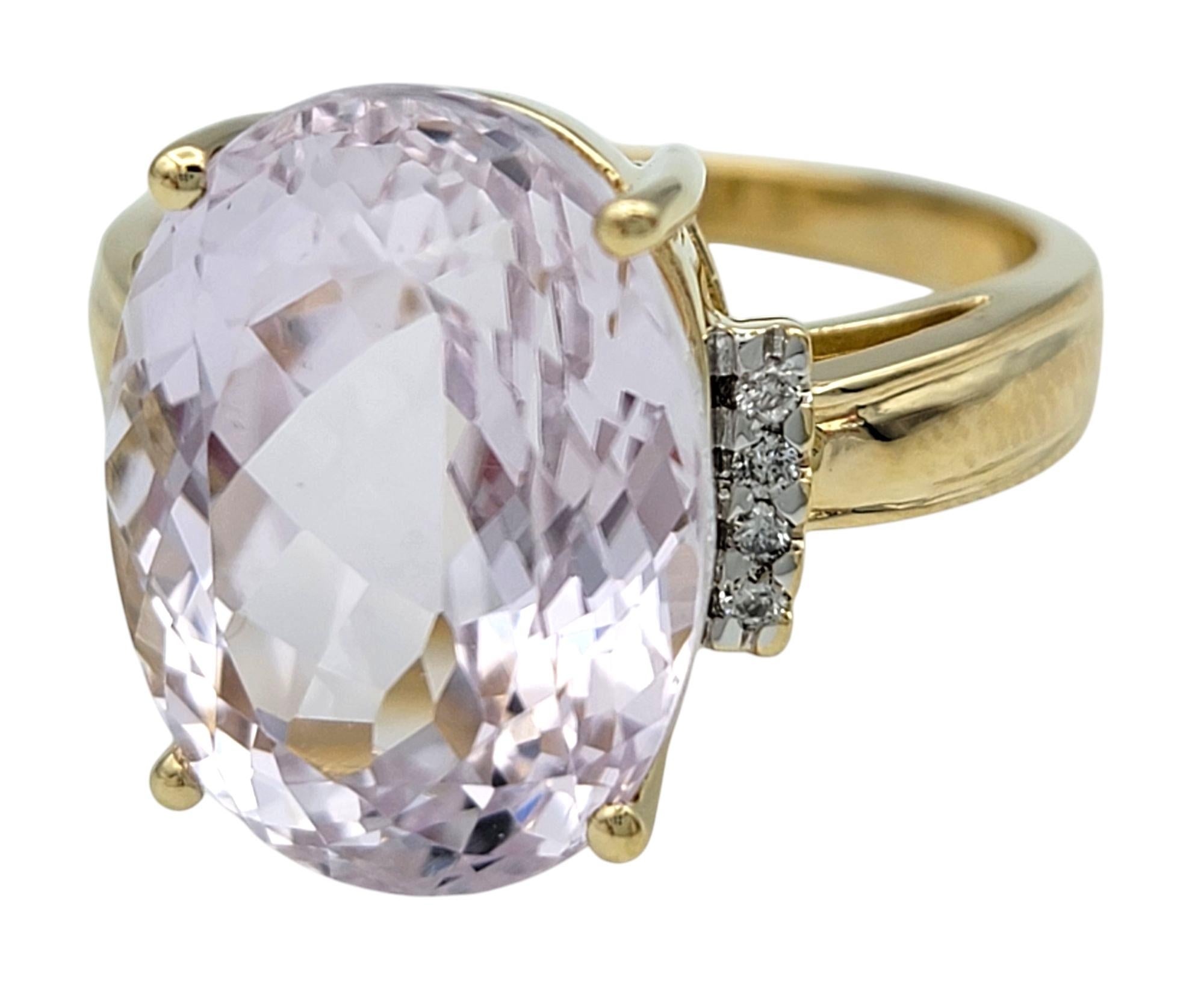Women's 11.13 Carat Oval Cut Kunzite Cocktail Ring with Diamonds in 14 Karat Yellow Gold For Sale