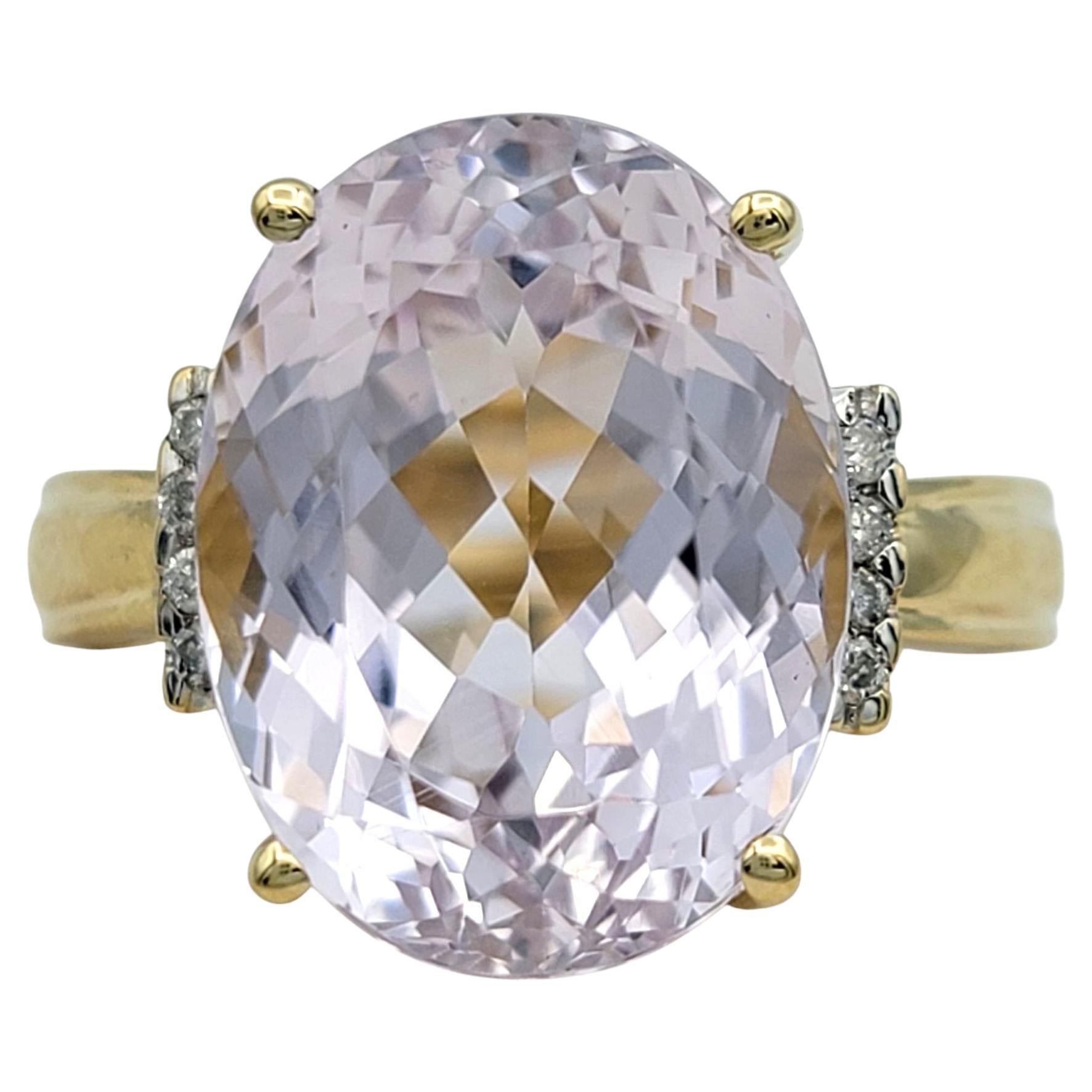 11.13 Carat Oval Cut Kunzite Cocktail Ring with Diamonds in 14 Karat Yellow Gold