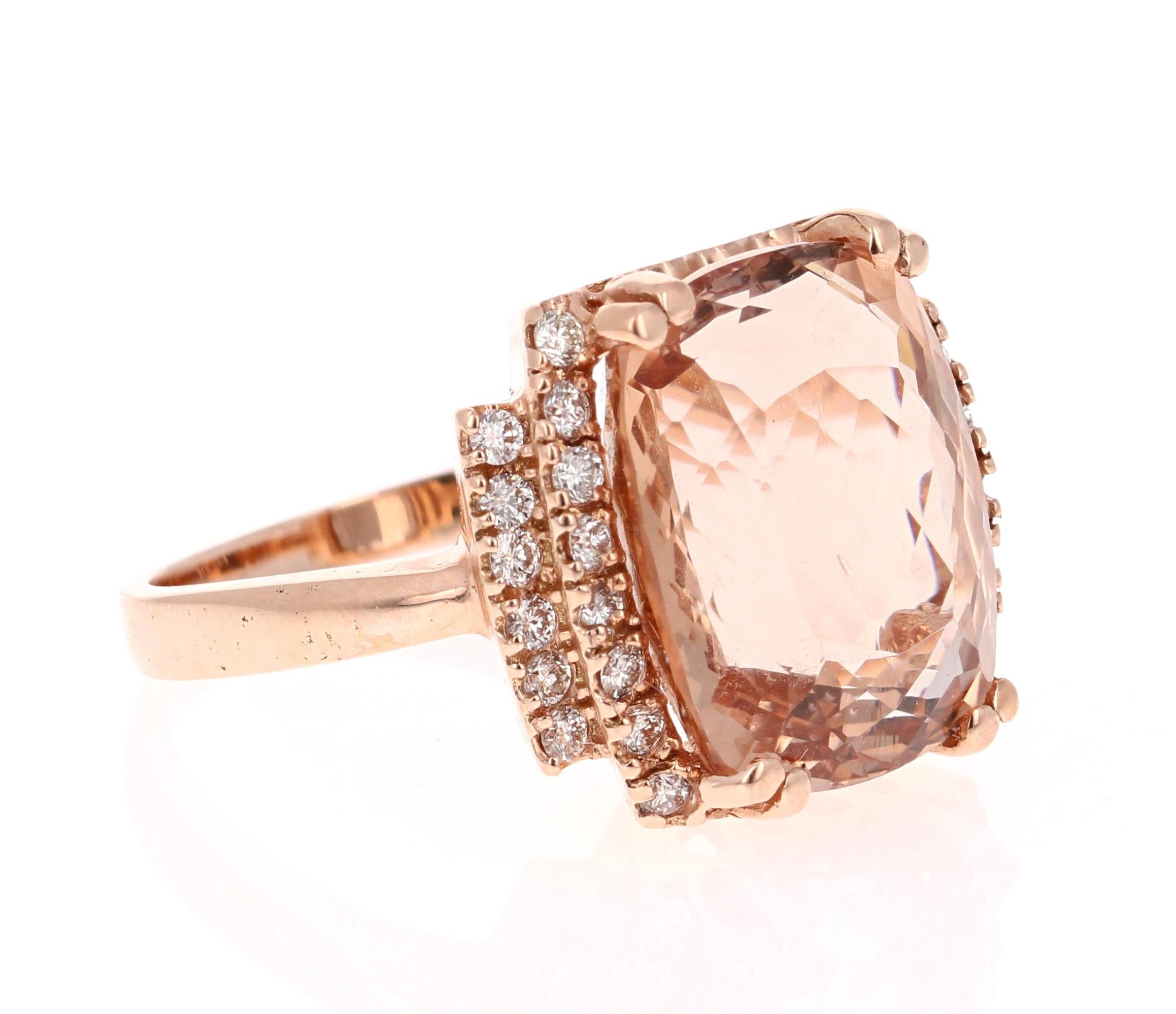 Stunning Statement Morganite & Diamond Ring! 

This Morganite ring has a 10.71 Carat Oval-Cushion Cut Morganite and is surrounded by 28 Round Cut Diamonds that weigh 0.43 Carats. Clarity: VS, Color: H. The total carat weight of the ring is 11.14