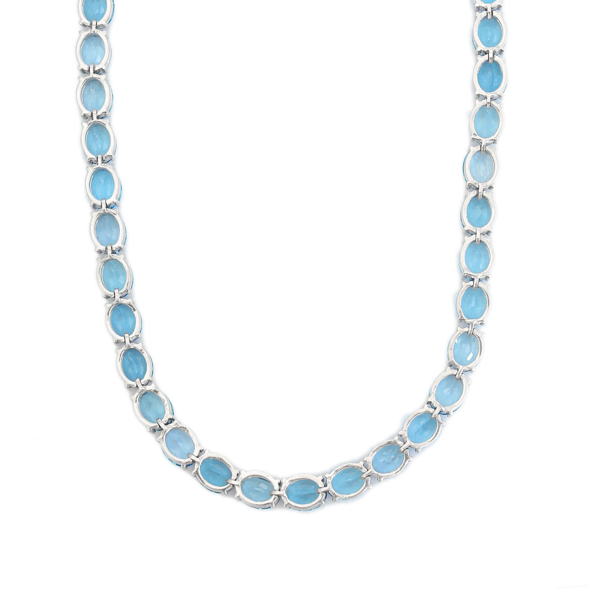 111.46 Carat Faceted Oval Cut Blue Topaz Tennis Necklace in 925 Sterling Silver For Sale 1