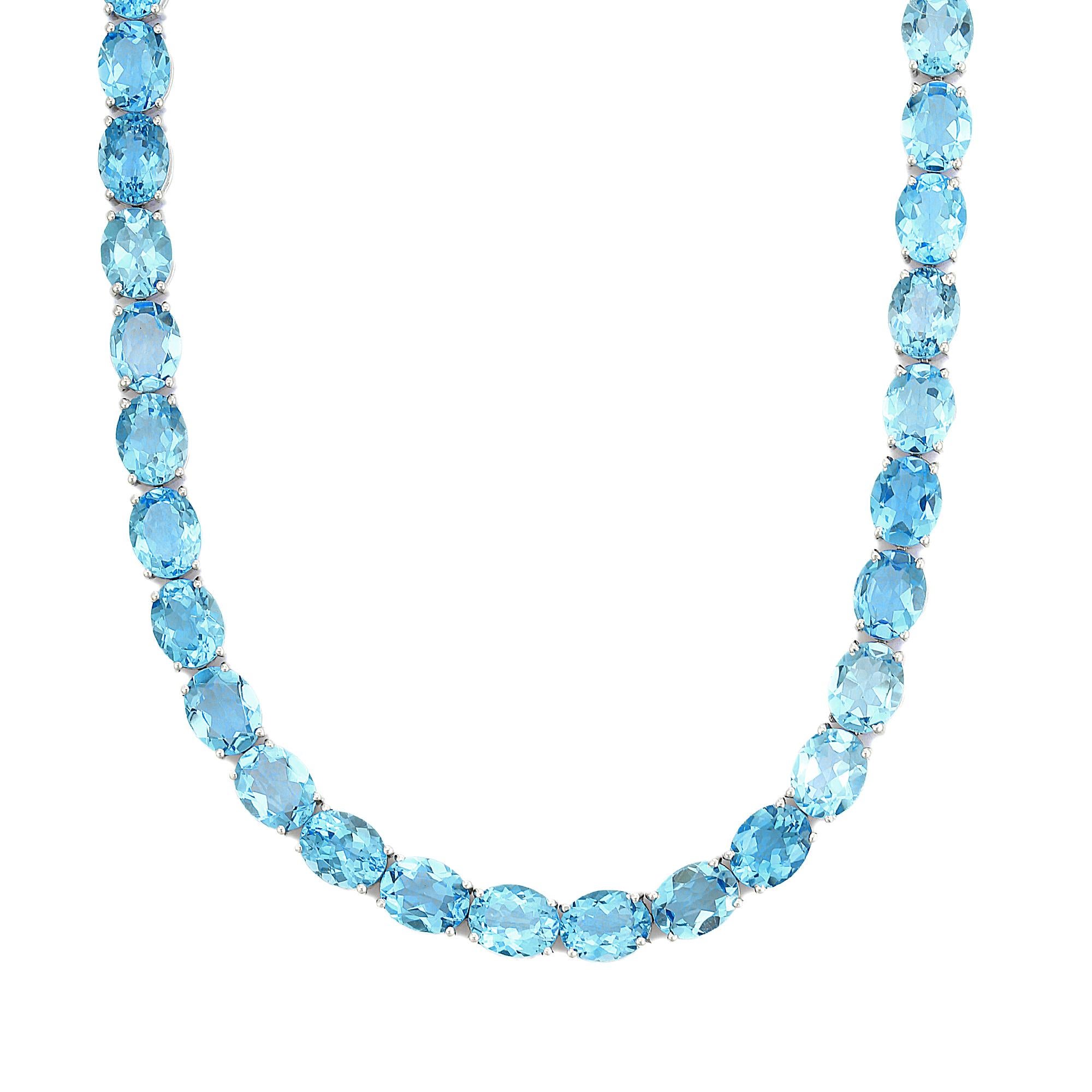 111.46 Carat Faceted Oval Cut Blue Topaz Tennis Necklace in 925 Sterling Silver For Sale 4