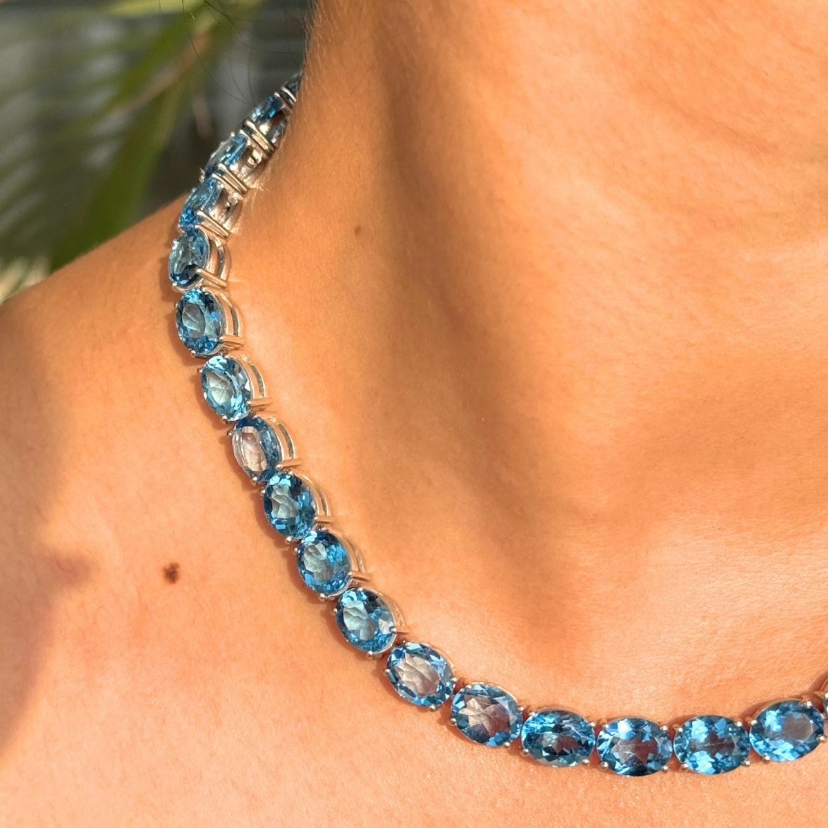 Collar de tenis de topacio azul talla oval de 111,46 quilates facetados de plata de ley 925 en venta 4