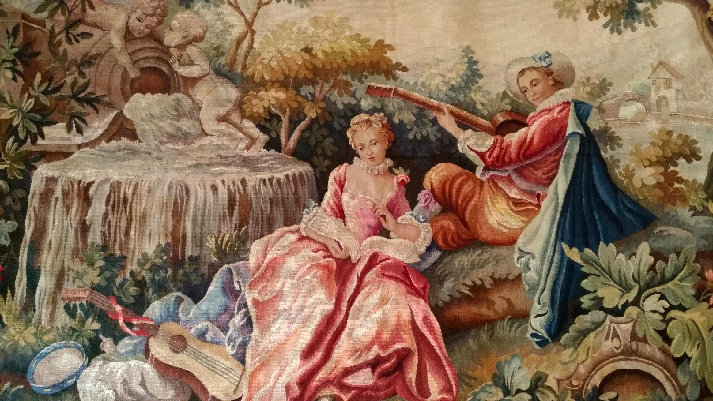 1115 - Tapisserie 19ème siècle scène galante avec des tres jolie couleurs.