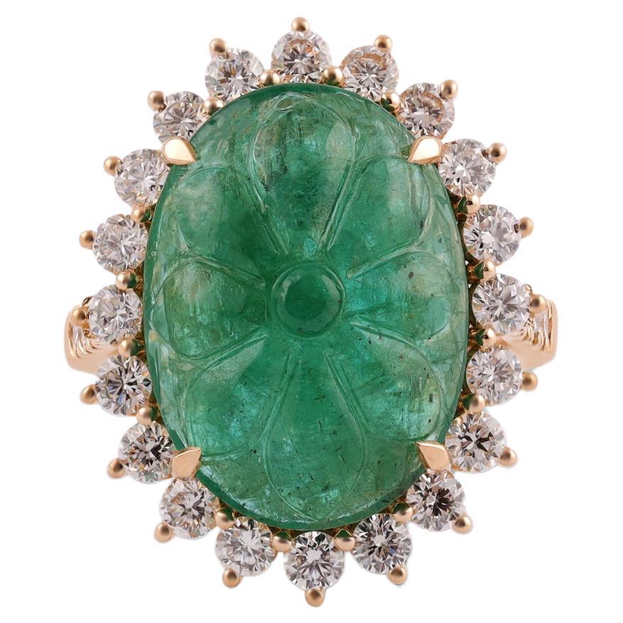 11.15 Carat Carved Zambian Emerald & Cluster Diamond Ring in 18k Yellow Gold For Sale