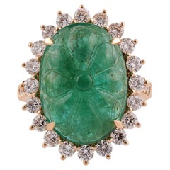 11.15 Carat Carved Zambian Emerald & Cluster Diamond Ring in 18k Yellow Gold