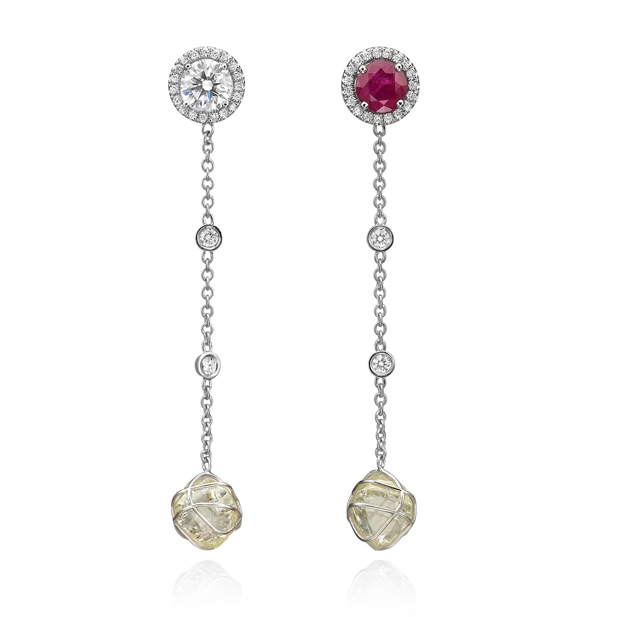 Contemporary GIA Certified 11.15 Carat Interchangeable Diamond and Ruby Dangling Earring Set For Sale