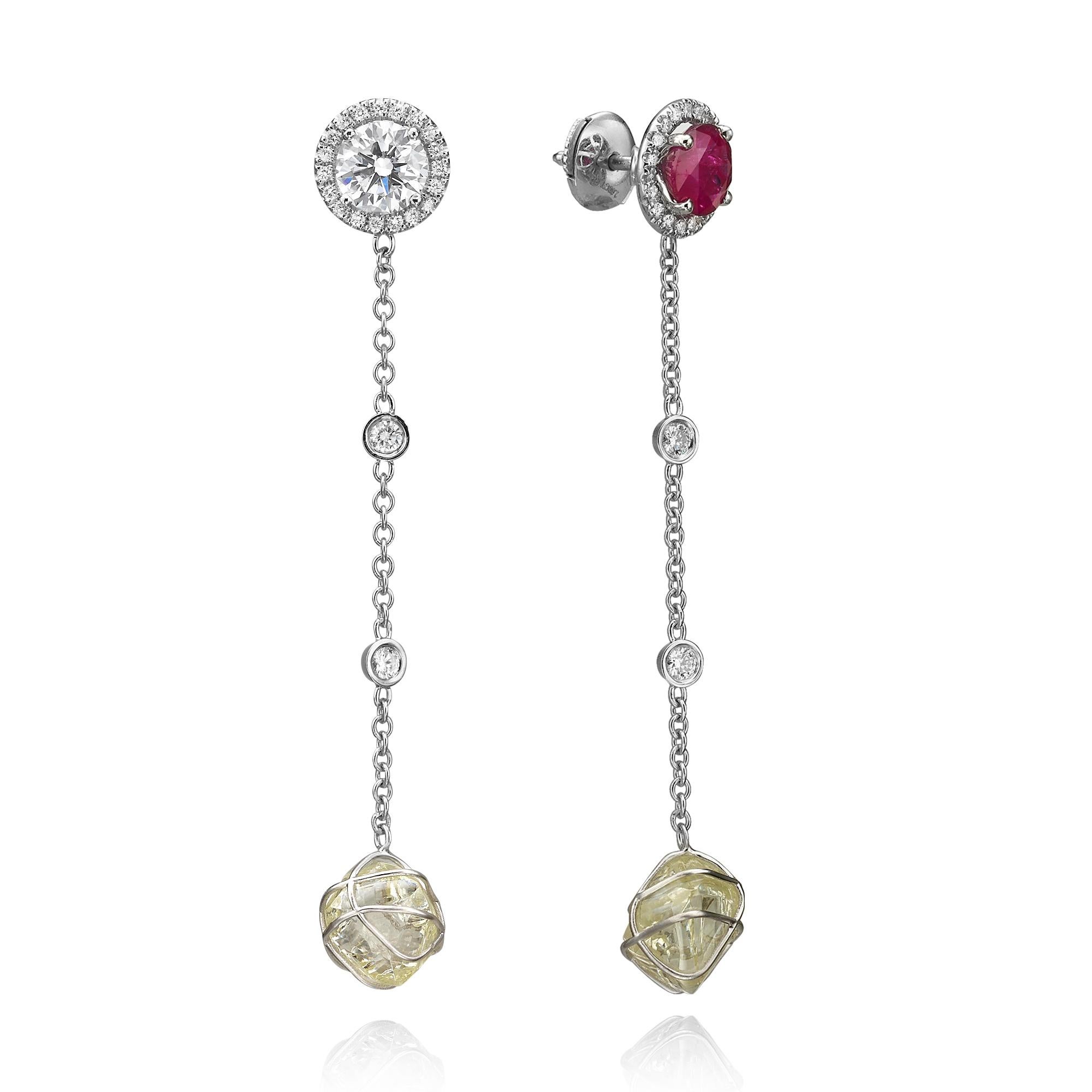 Round Cut GIA Certified 11.15 Carat Interchangeable Diamond and Ruby Dangling Earring Set For Sale