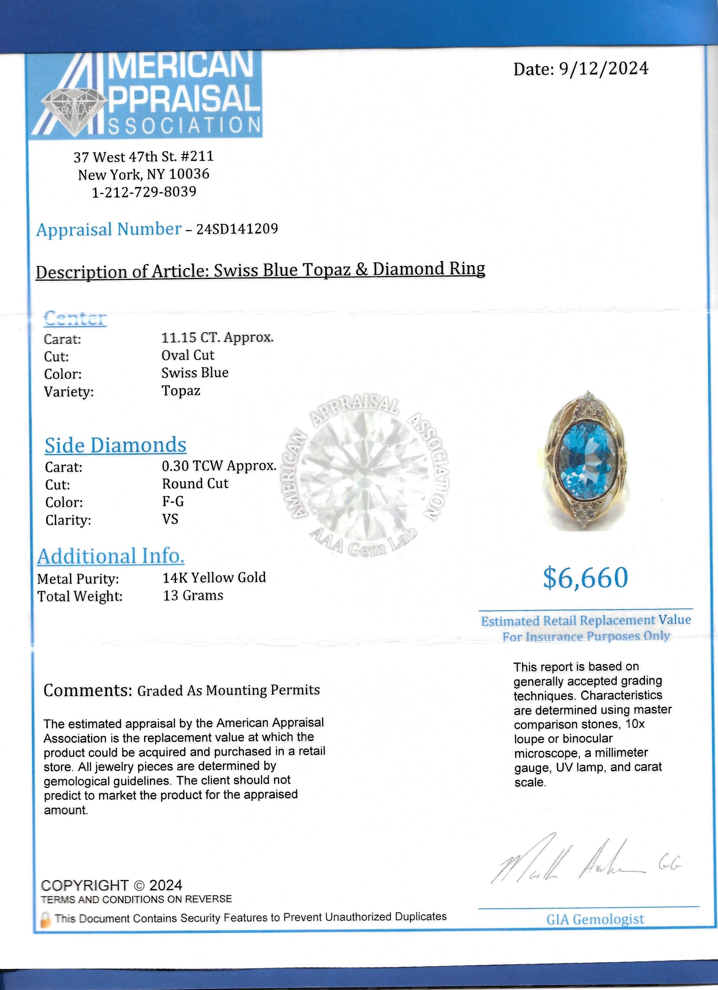 11.15 Carat Oval Cut Swiss Blue Topaz and Diamond 14 Karat Gold Cocktail Ring For Sale 4