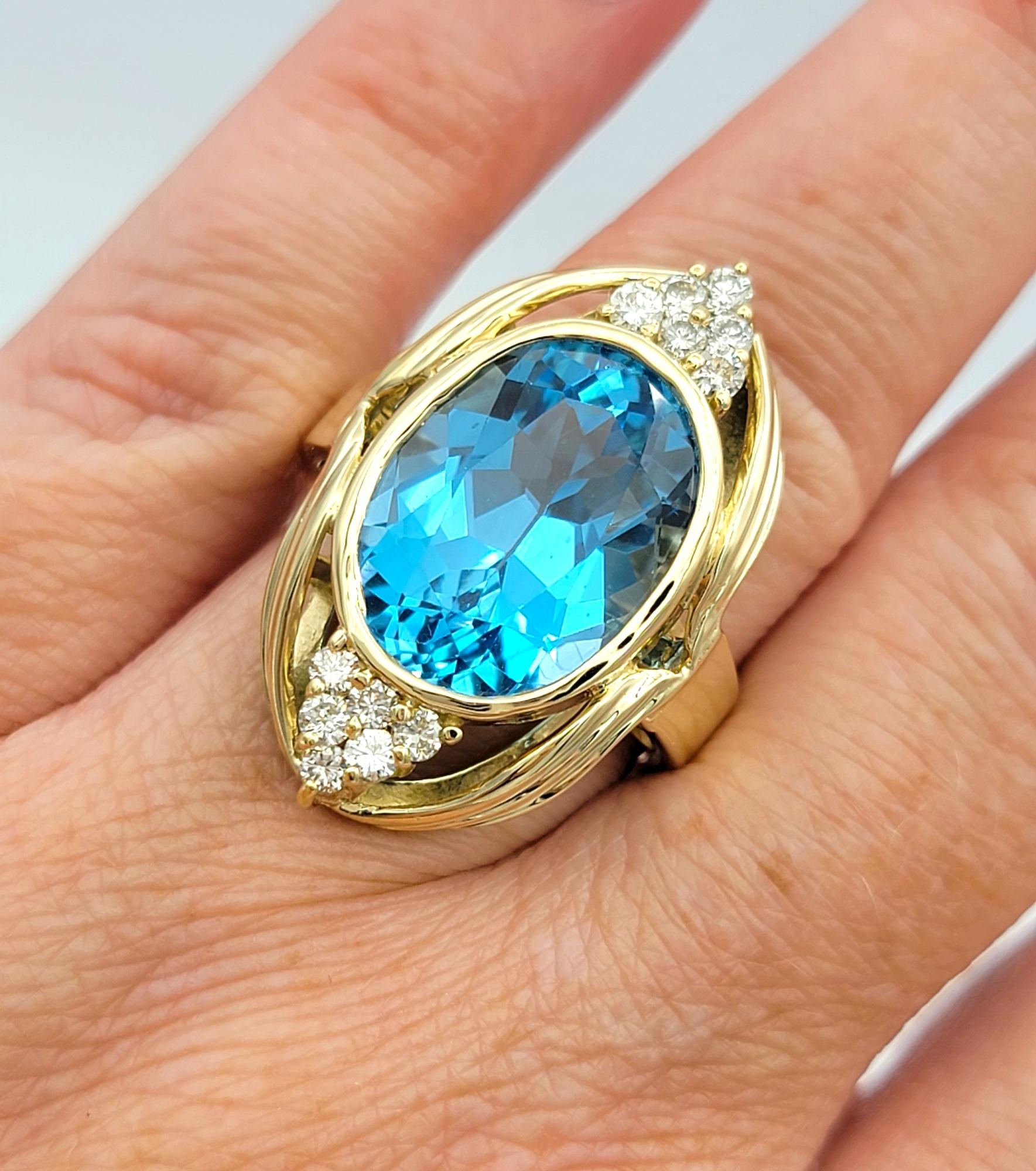 11.15 Carat Oval Cut Swiss Blue Topaz and Diamond 14 Karat Gold Cocktail Ring For Sale 1
