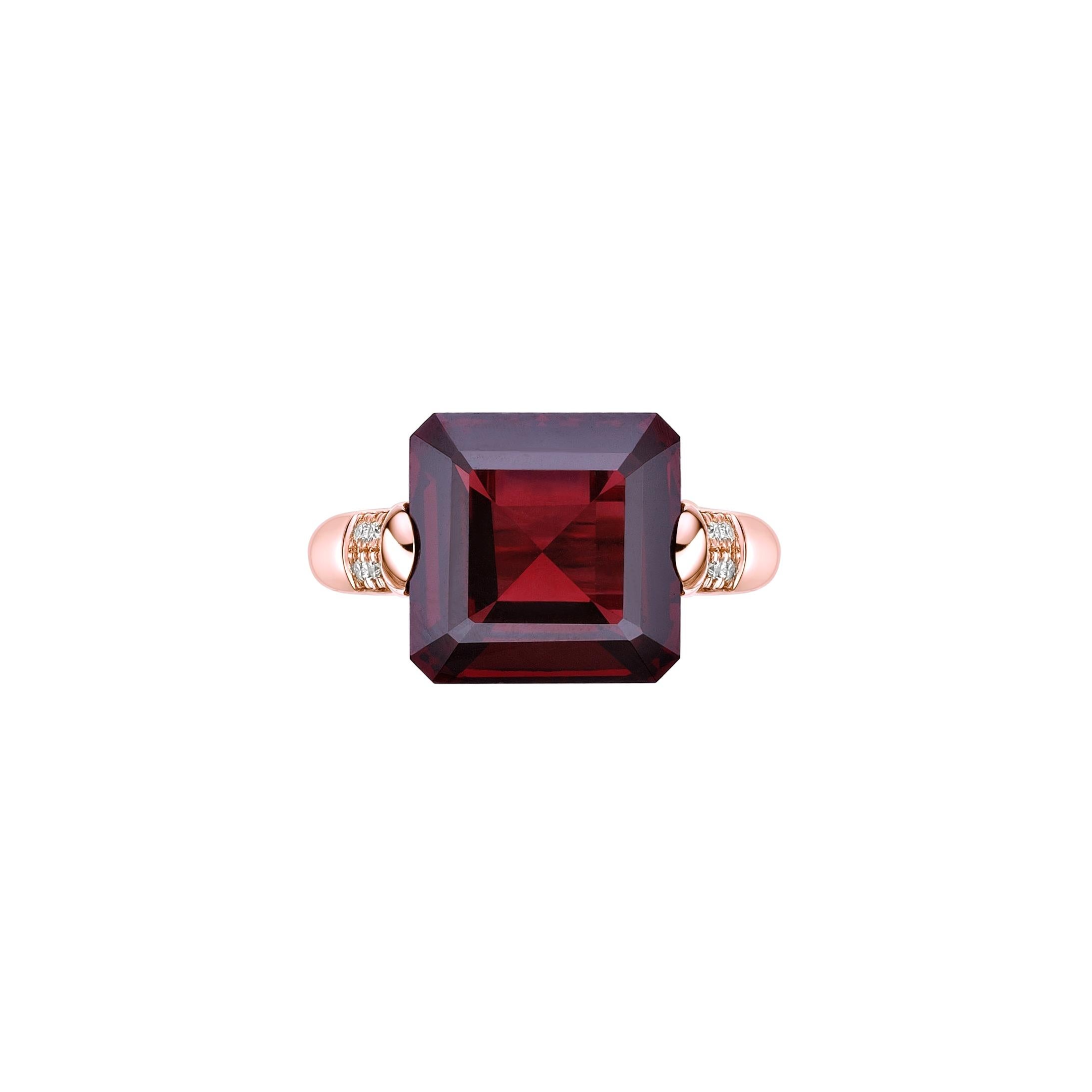 Octagon Cut 11.15 Carat Red Garnet Fancy Ring in 18Karat Rose Gold with White Diamond. For Sale