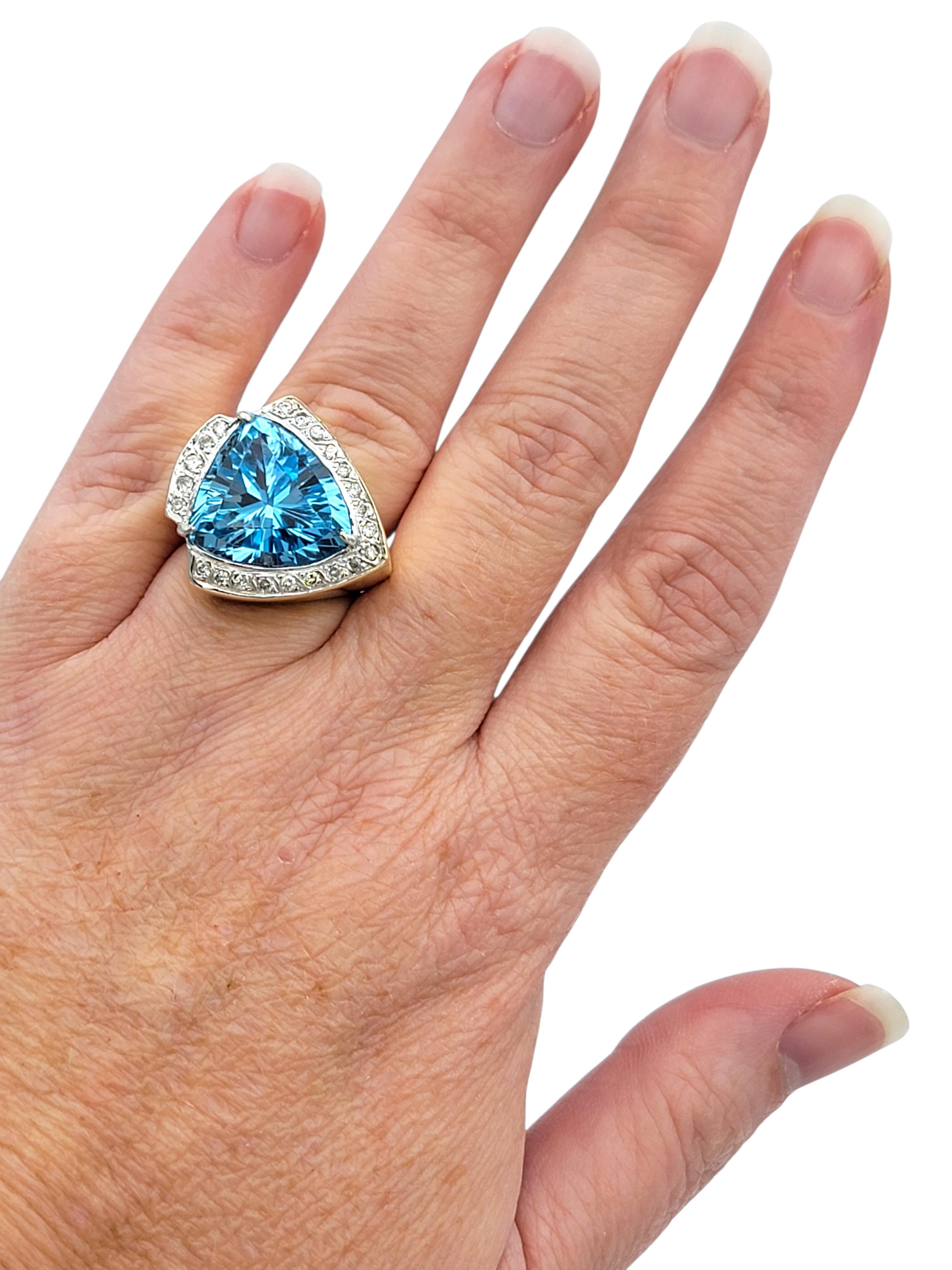 11.15 Carat Trillion Cut Blue Topaz Cocktail Ring with Diamonds in 14 Karat Gold For Sale 5