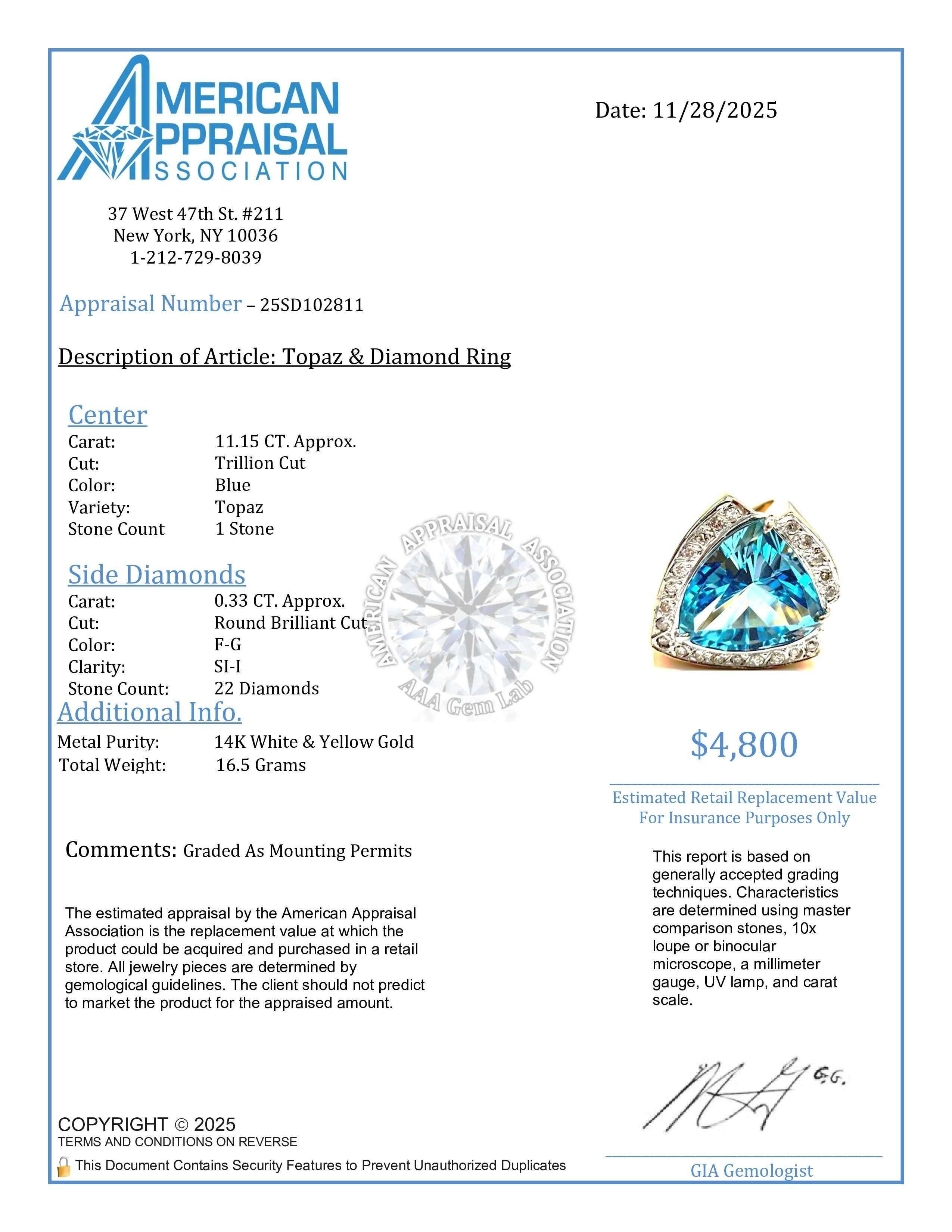 11.15 Carat Trillion Cut Blue Topaz Cocktail Ring with Diamonds in 14 Karat Gold For Sale 10