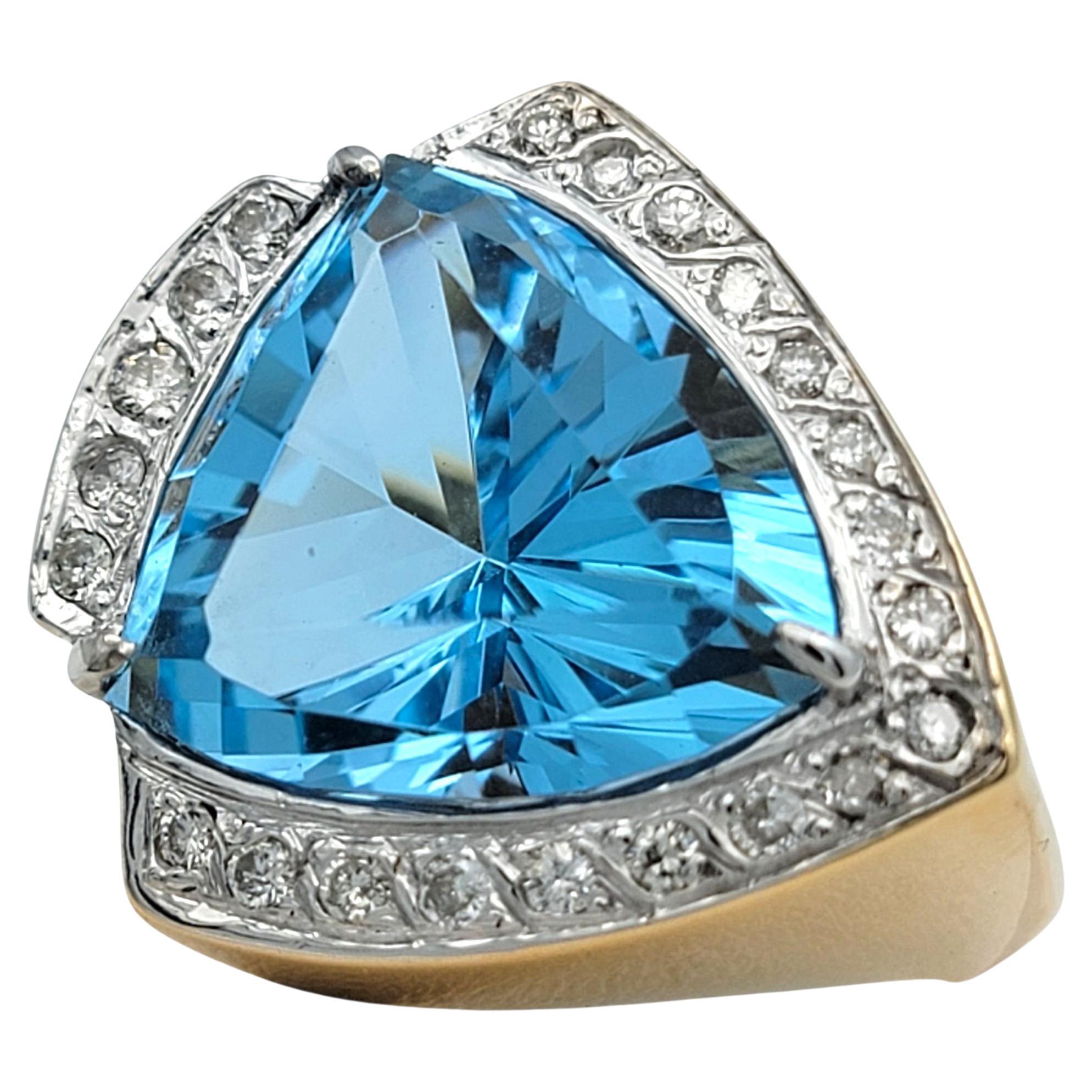 11.15 Carat Trillion Cut Blue Topaz Cocktail Ring with Diamonds in 14 Karat Gold For Sale