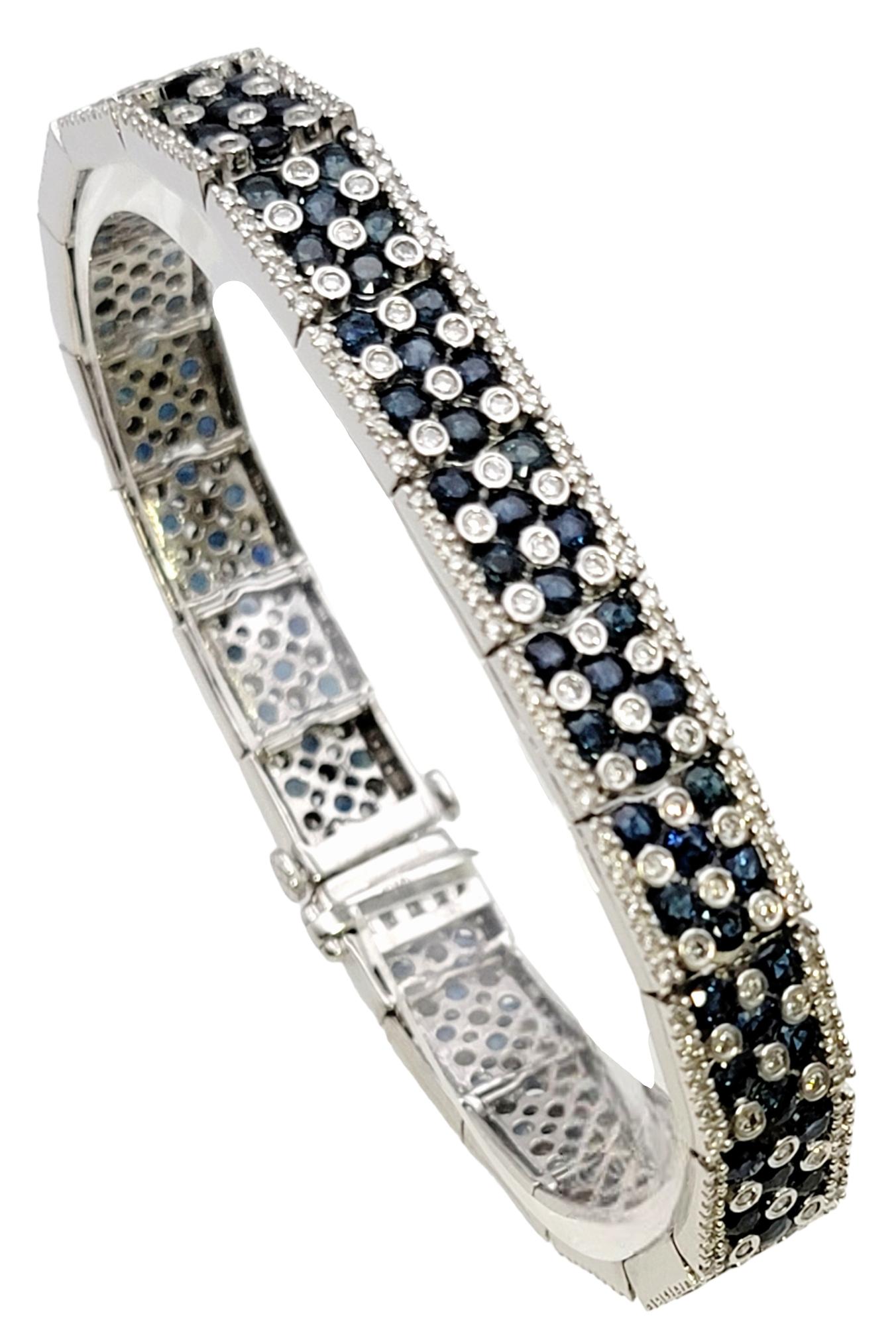 Length: 7 Inches

This dazzling diamond and sapphire line bracelet absolutely lights up the wrist! This incredible piece absolutely wows with its bright blue sapphires and icy white diamonds, shimmering magnificently in the light. 

This sleek