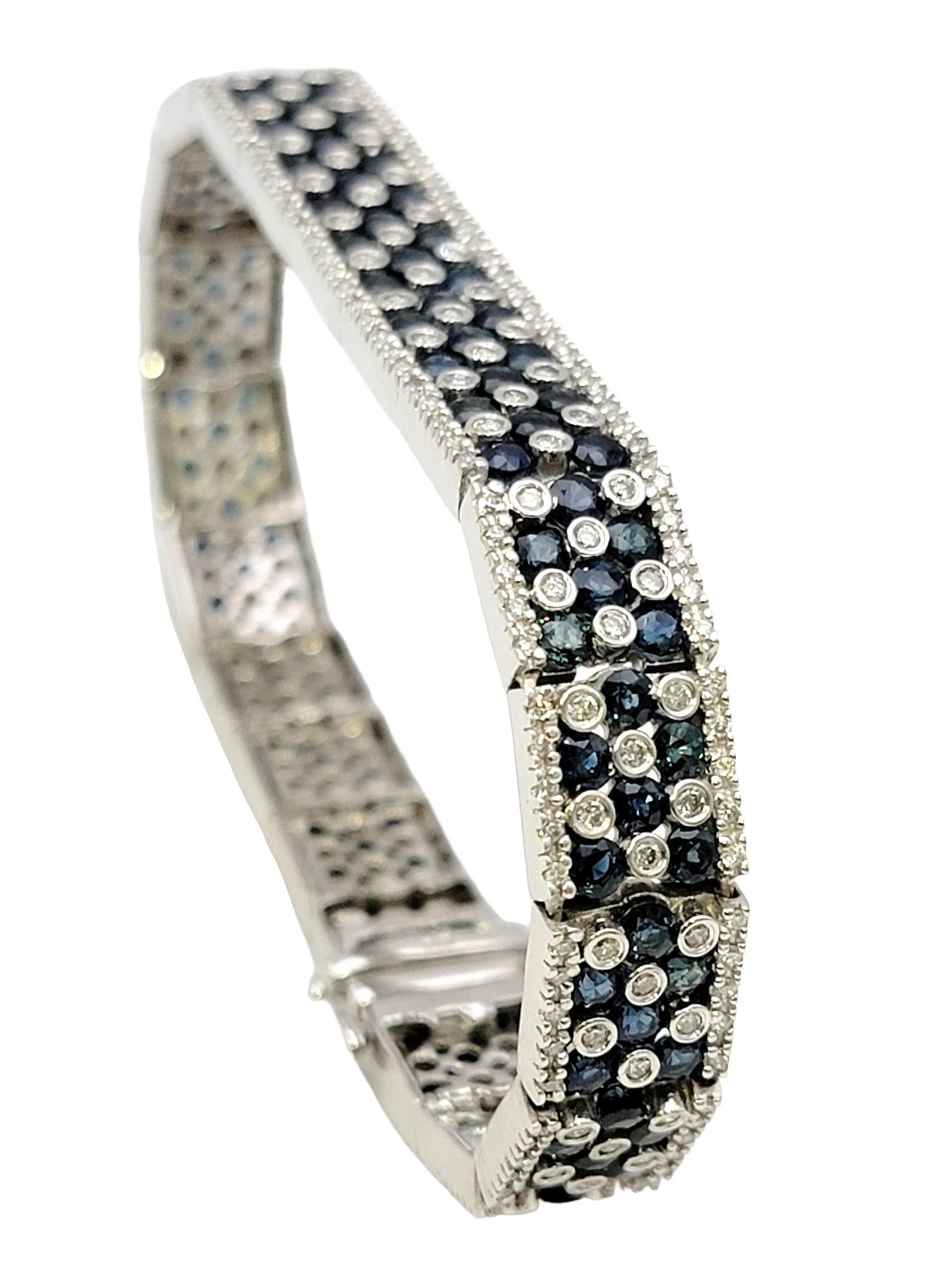Contemporary 11.15 Carats Total Blue Sapphire and Diamond Checkerboard White Gold Bracelet For Sale