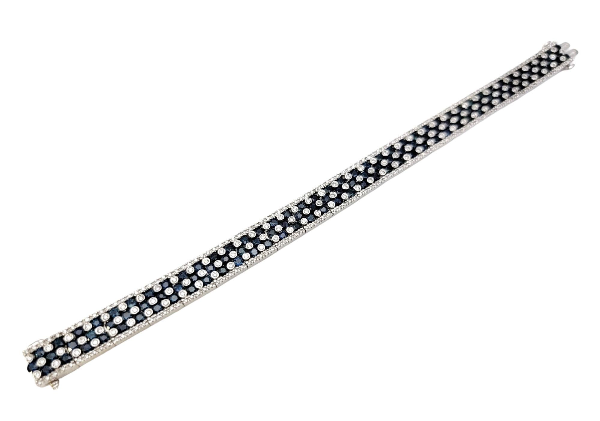 Round Cut 11.15 Carats Total Blue Sapphire and Diamond Checkerboard White Gold Bracelet For Sale