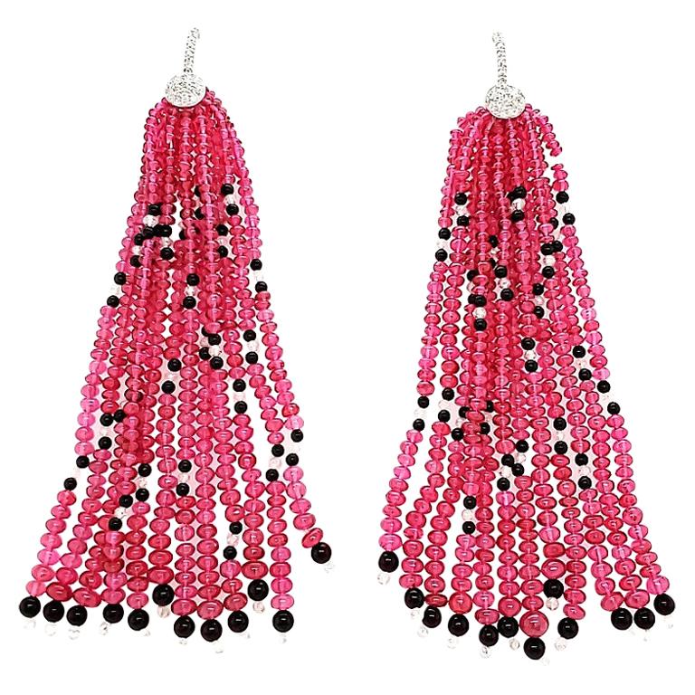 111.50 Carat Burmese Red Spinel Beads, Diamond, and Onyx White Gold Earrings