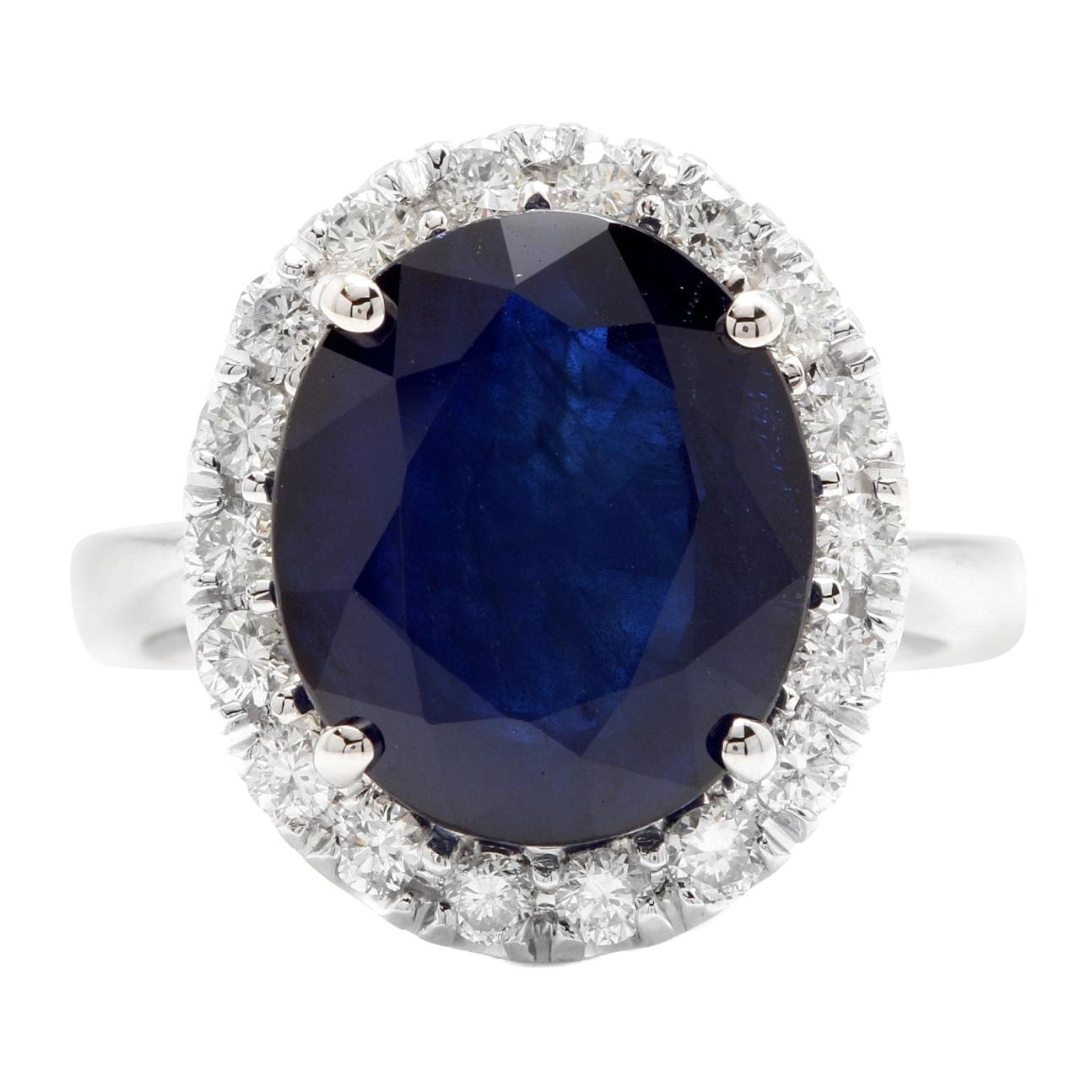 11.15ct Natural Blue Sapphire & Diamond 14k Solid White Gold Ring