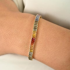 11.16 Ct Baguette Cut Natural Multi Sapphire Tennis Bracelet in 14k Yellow Gold