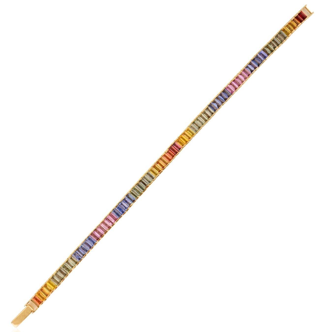 Pulsera de Tenis de Zafiro Múltiple Natural de Corte Baguette de 11,16 qt en Oro Amarillo de 14k Art Decó en venta
