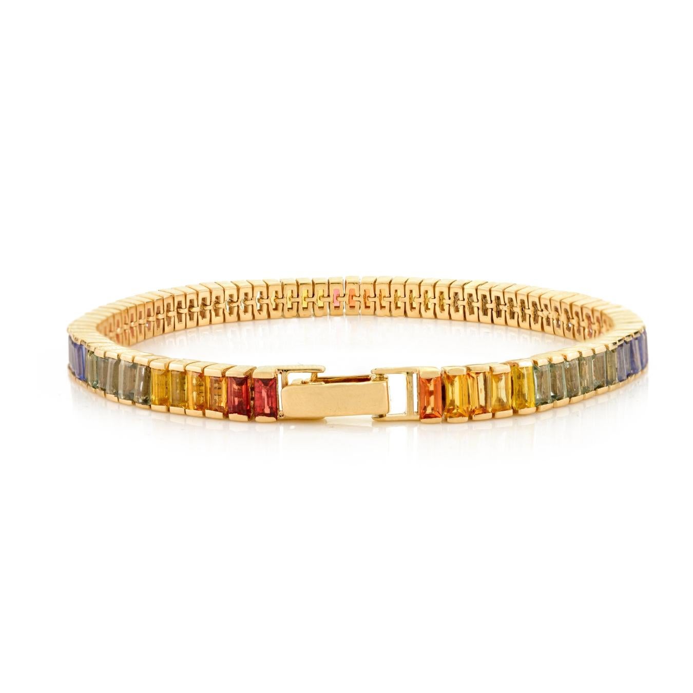Pulsera de Tenis de Zafiro Múltiple Natural de Corte Baguette de 11,16 qt en Oro Amarillo de 14k en venta 3