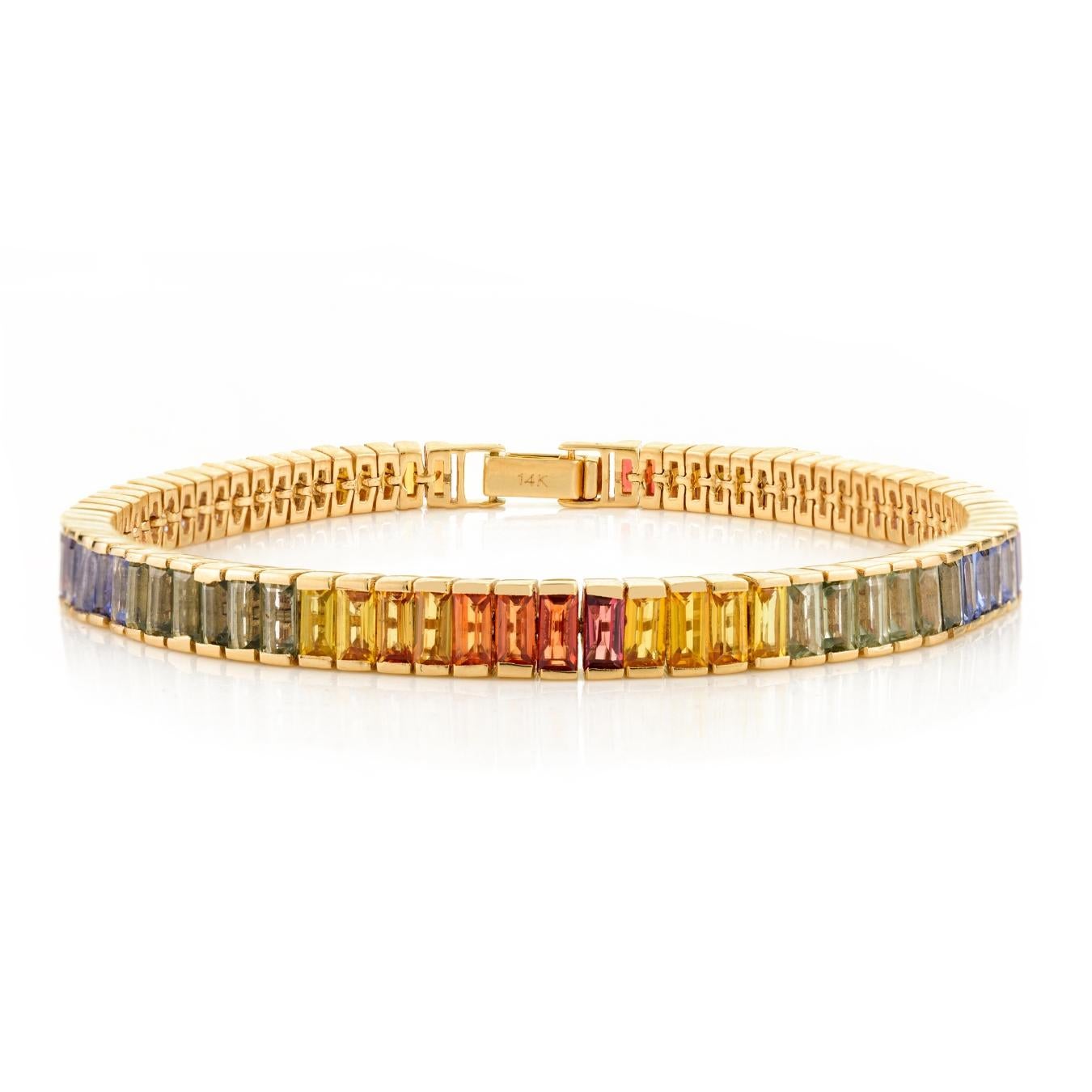 11.16 Ct Baguette Cut Natural Multi Sapphire Tennis Bracelet in 14k Yellow Gold