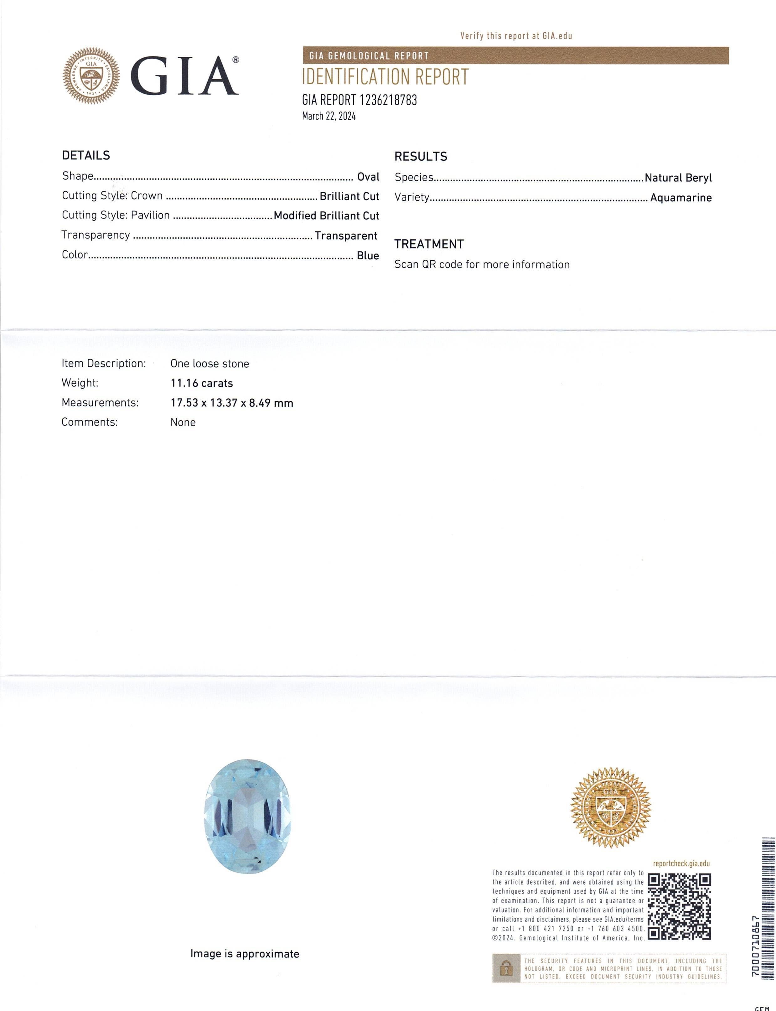 This is a stunning GIA Certified Aquamarine 


The GIA report reads as follows:

GIA Report Number: 1236218783
Shape: Oval
Cutting Style: 
Cutting Style: Crown: Brilliant Cut
Cutting Style: Pavilion: Modified Brilliant Cut
Transparency: