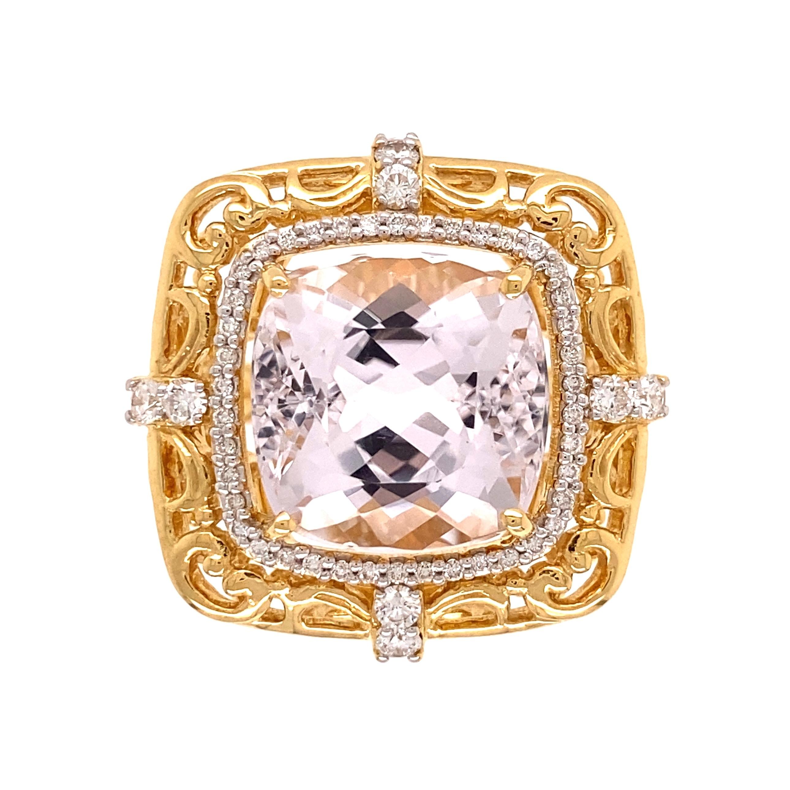 11.17 Carat Cushion Kunzite and Diamond Gold Cocktail Ring Estate Fine Jewelry For Sale 2