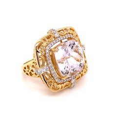 11.17 Carat Cushion Kunzite and Diamond Gold Cocktail Ring Estate Fine Jewelry
