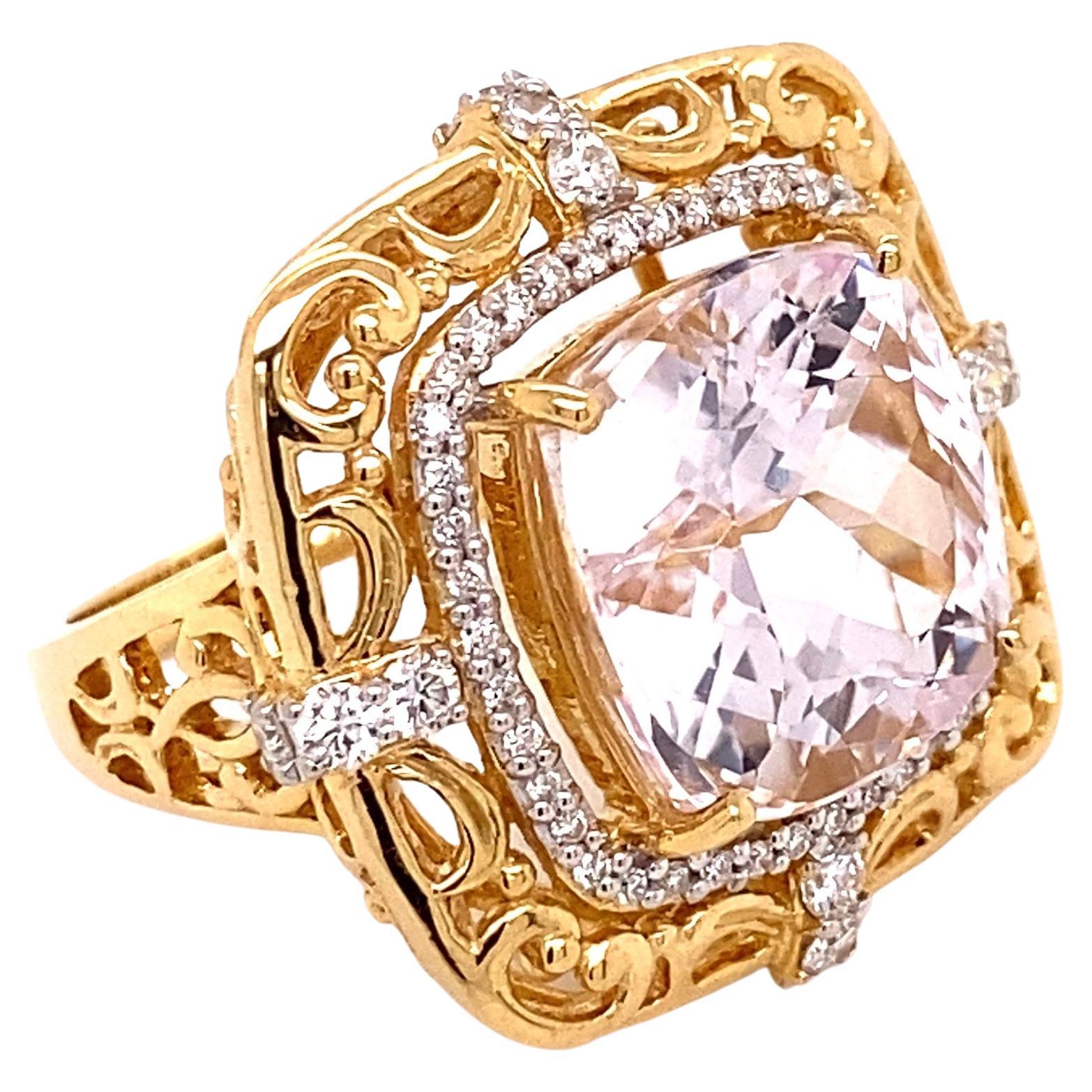 Bague cocktail en or et diamants avec kunzite coussin de 11,17 carats, ancienne propriété de joaillerie fine