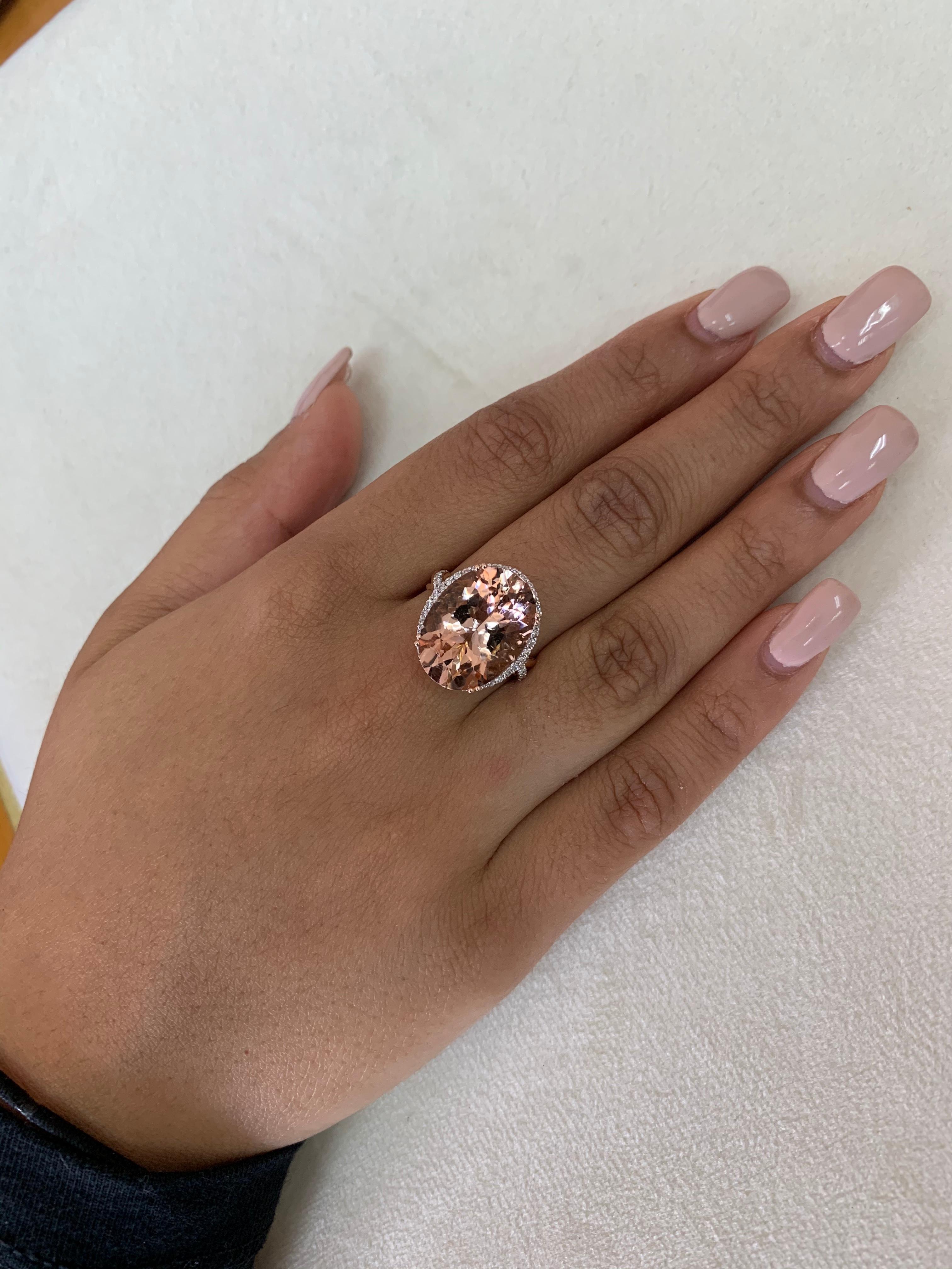 Oval Cut 11.17 Carat Oval Shaped Morganite Ring in 18 Karat Rose Gold with Diamonds For Sale